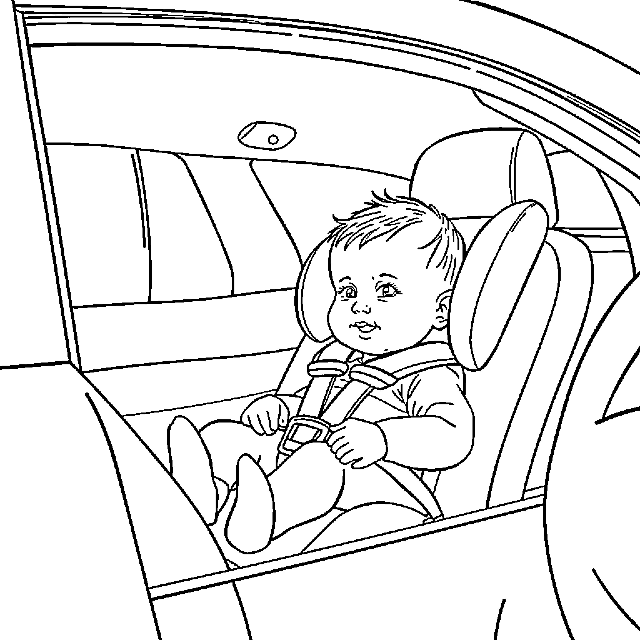 Baby sitting happily in car seat Coloring Page (free black-and-white line drawing printable PDF for all, from beginners to advanced learners, including children, teens, adults, and seniors)