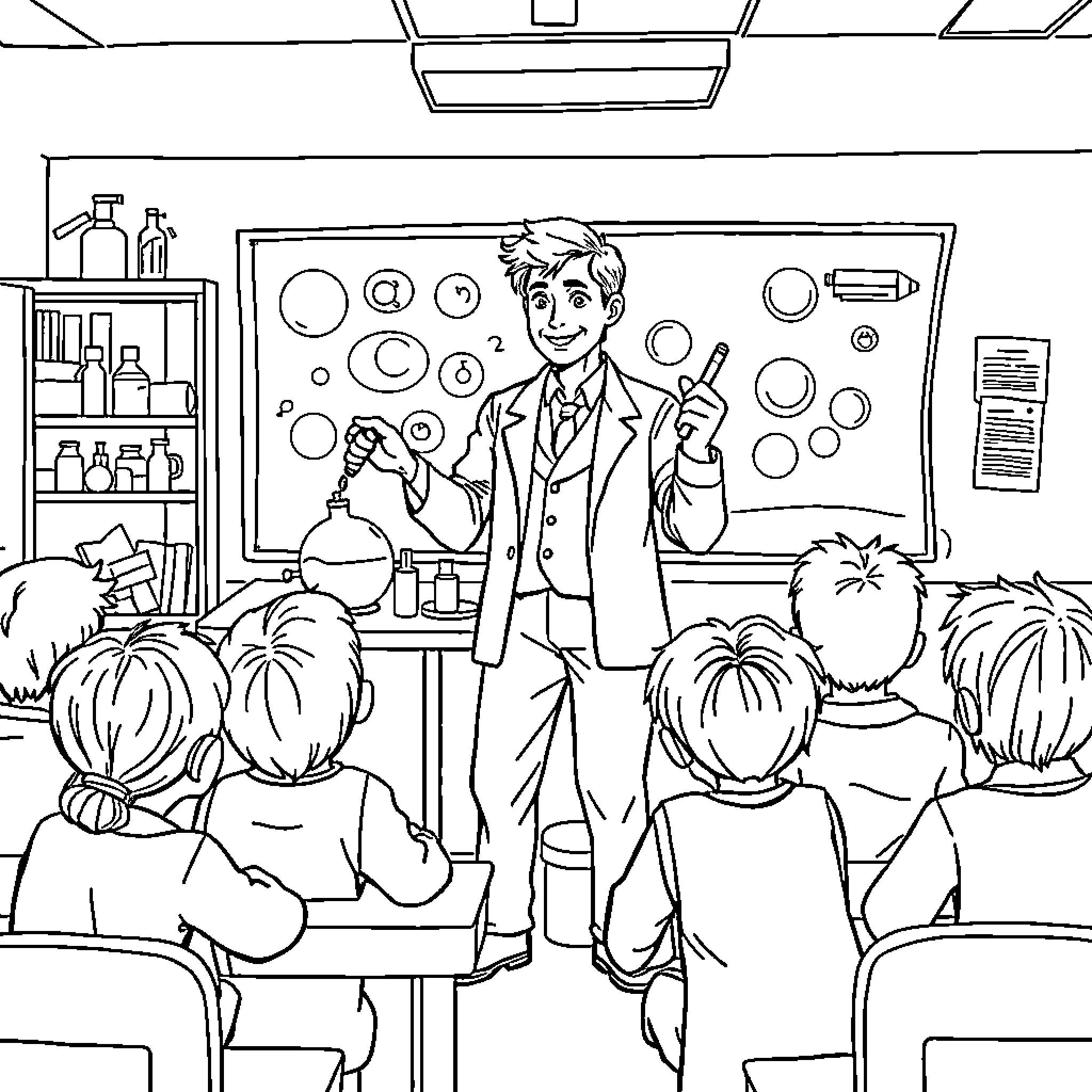 Teacher Engaging Students in Classroom with Scientific Experiments Coloring Page (free black-and-white line drawing printable PDF for all, from beginners to advanced learners, including children, teens, adults, and seniors)