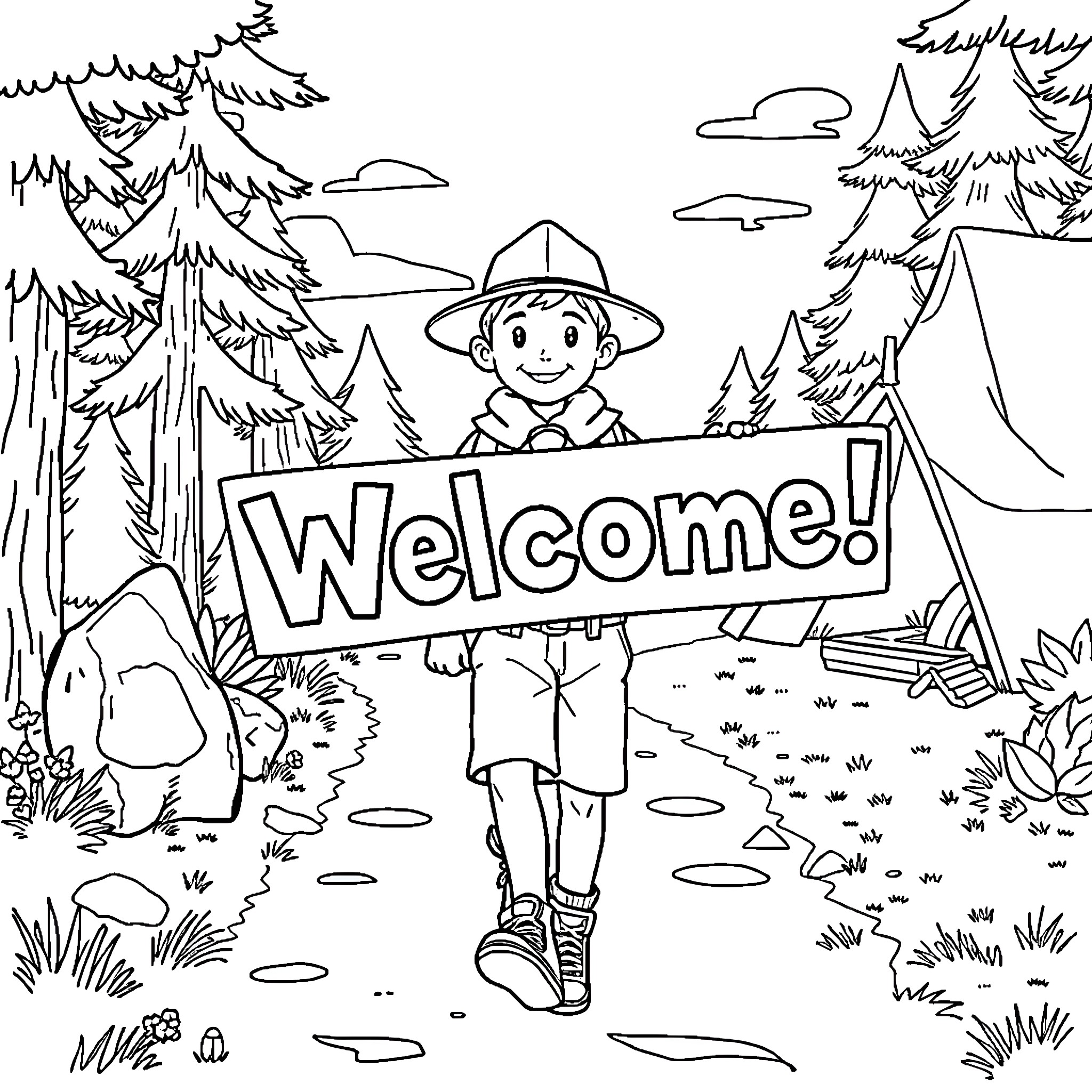 Scout welcomes guests to the forest Coloring Page (free black-and-white line drawing printable PDF for all, from beginners to advanced learners, including children, teens, adults, and seniors)