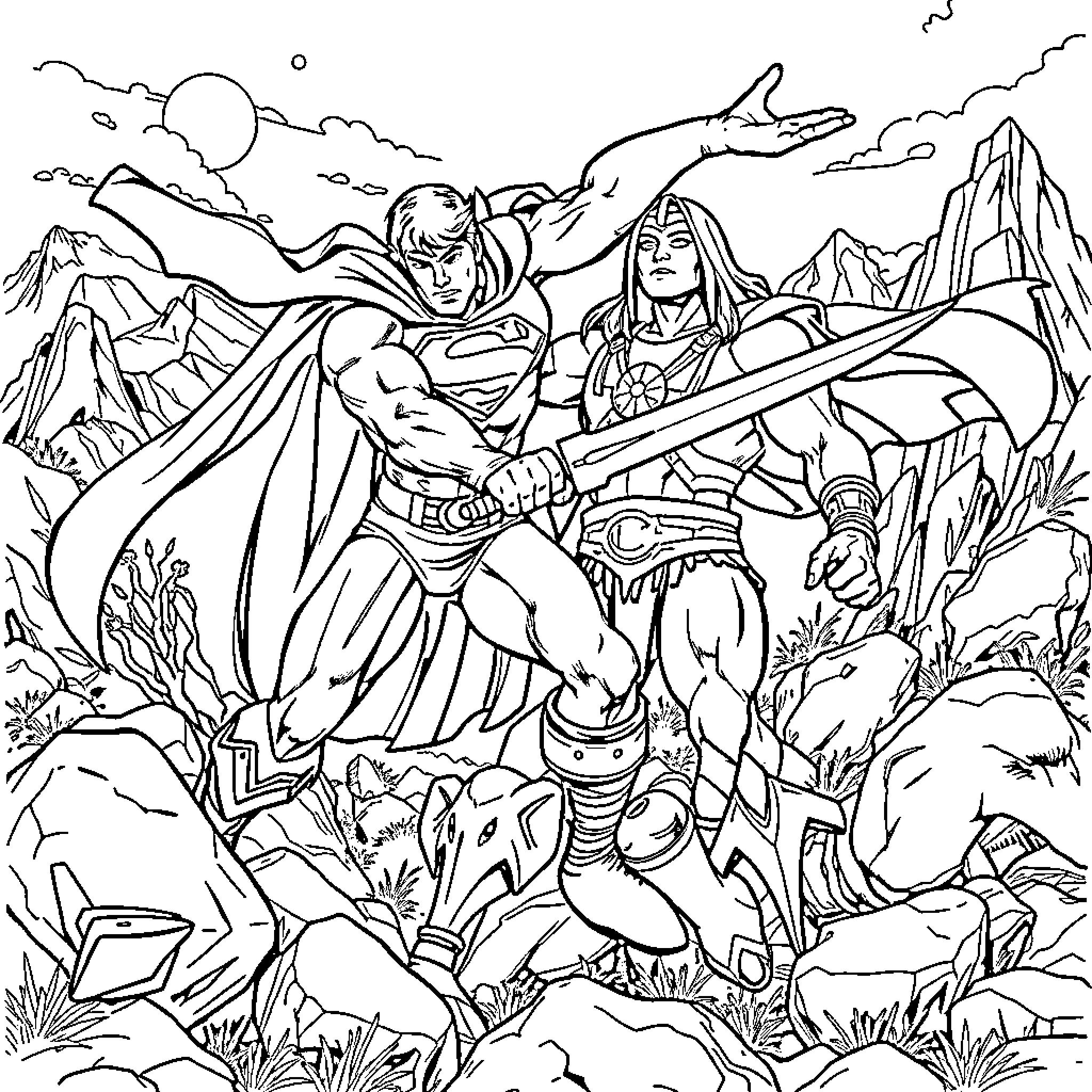 Superman and Supergirl in Epic Battle Coloring Page (free black-and-white line drawing printable PDF for all, from beginners to advanced learners, including children, teens, adults, and seniors)