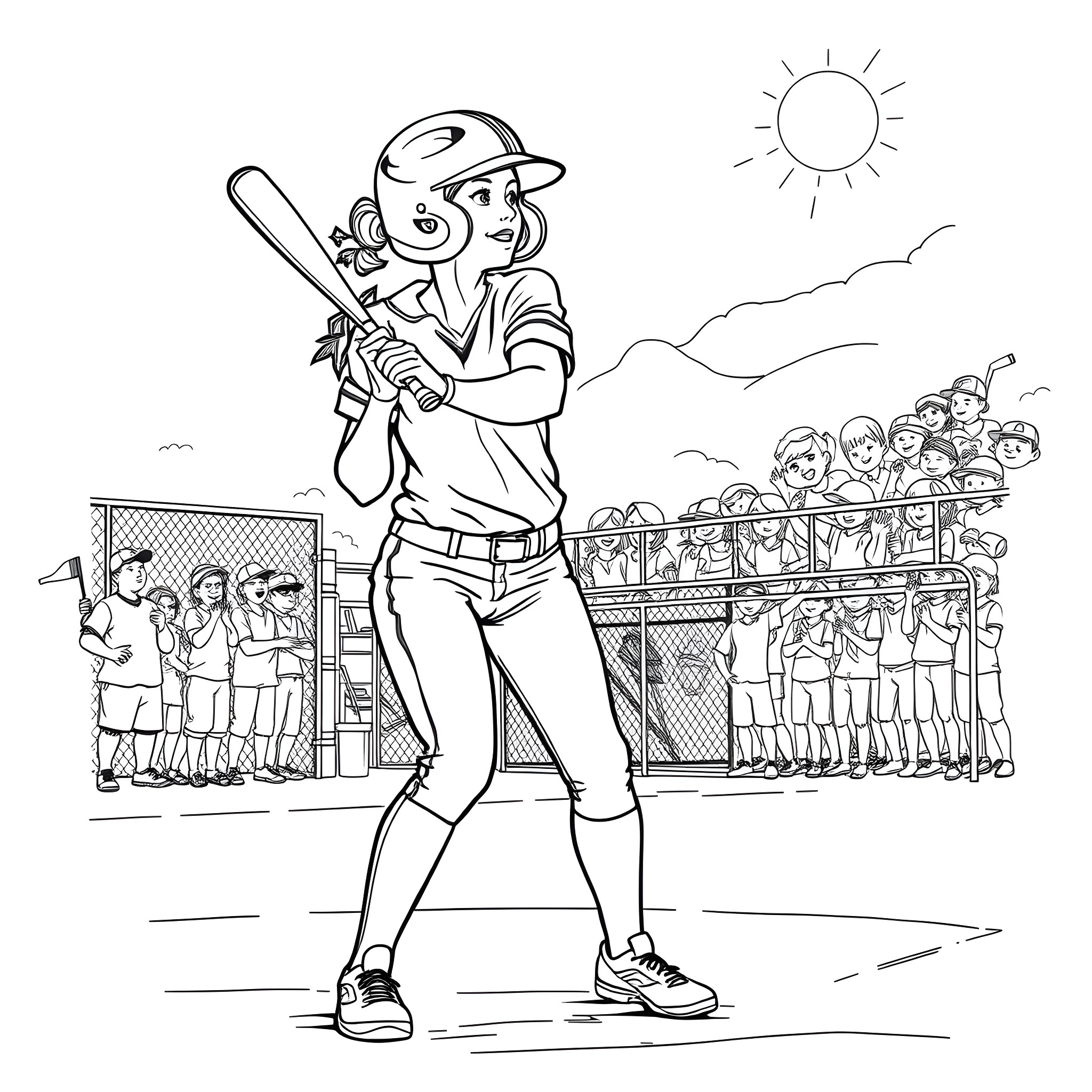 Softball Player Batting on the Field Coloring Page (free black-and-white line drawing printable PDF for all, from beginners to advanced learners, including children, teens, adults, and seniors)