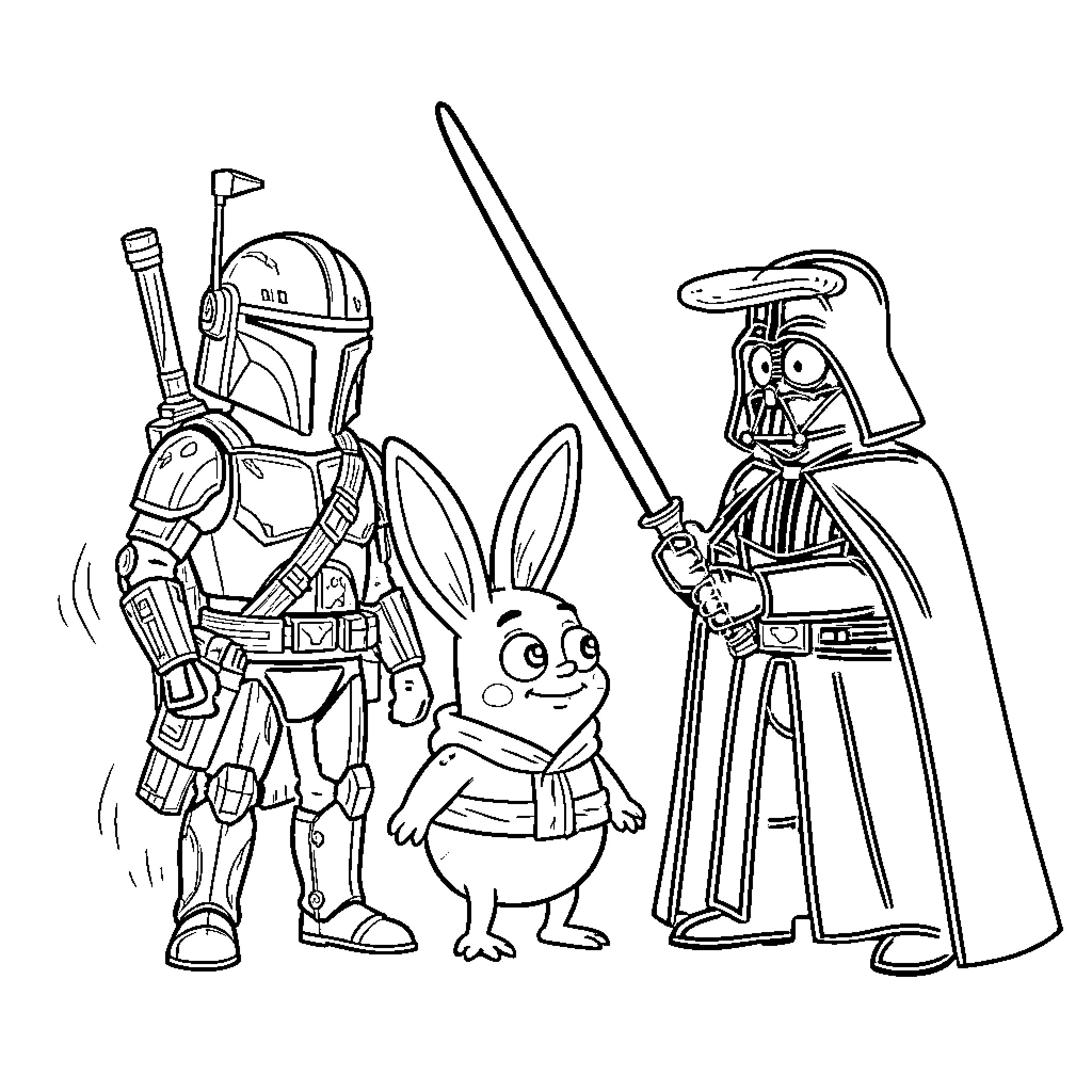 Spongebob and friends playing Star Wars dress-up Coloring Page (free black-and-white line drawing printable PDF for all, from beginners to advanced learners, including children, teens, adults, and seniors)