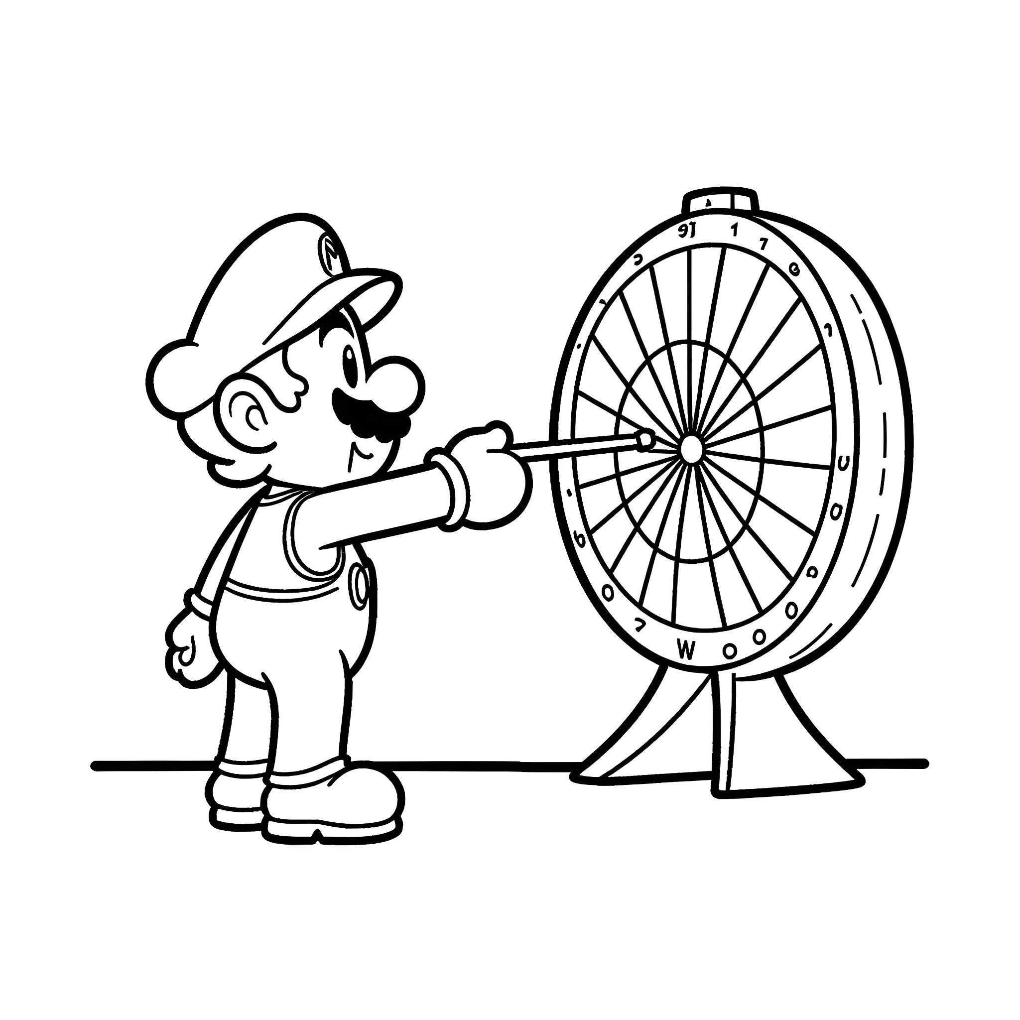Mario playing a spinning game wheel Coloring Page (free black-and-white line drawing printable PDF for all, from beginners to advanced learners, including children, teens, adults, and seniors)