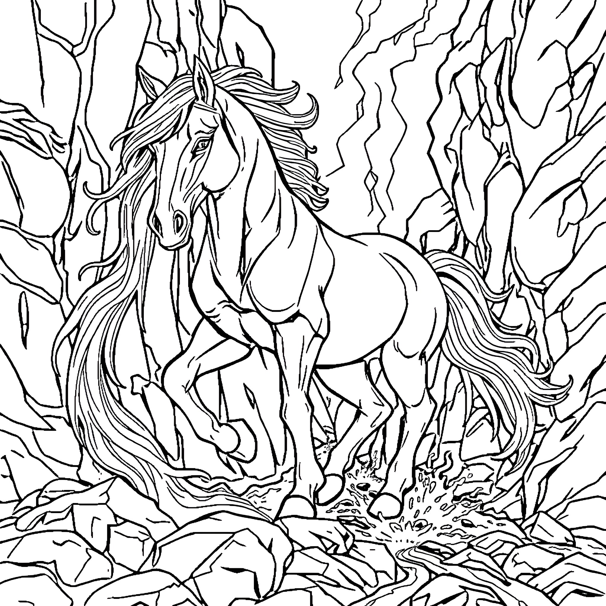 Horse galloping through a magical forest Coloring Page (free black-and-white line drawing printable PDF for all, from beginners to advanced learners, including children, teens, adults, and seniors)