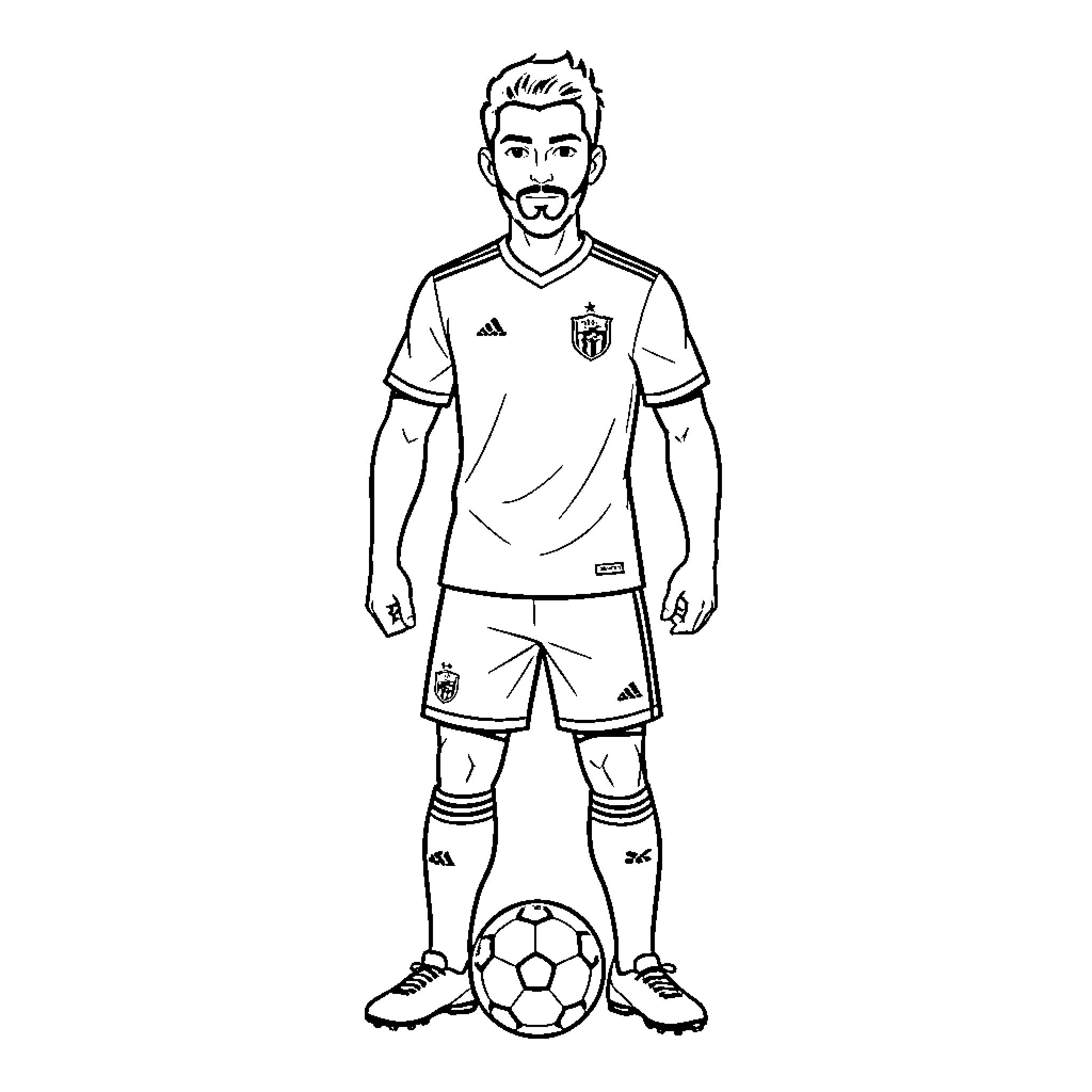 Ayoub El Kaabi standing in football kit with ball Coloring Page (free black-and-white line drawing printable PDF for all, from beginners to advanced learners, including children, teens, adults, and seniors)