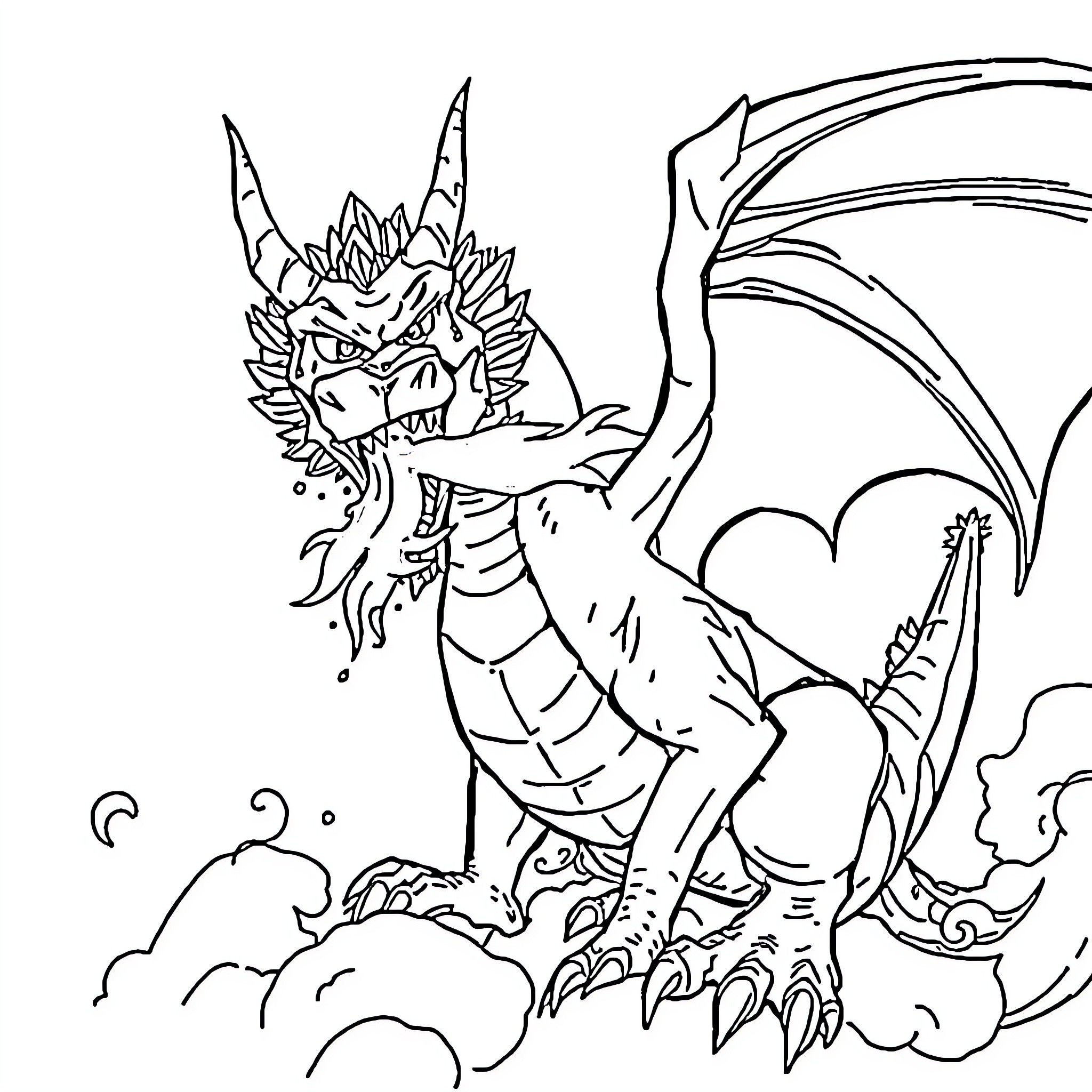 Dragon Spreading Its Powerful Wings Coloring Page (free black-and-white line drawing printable PDF for all, from beginners to advanced learners, including children, teens, adults, and seniors)