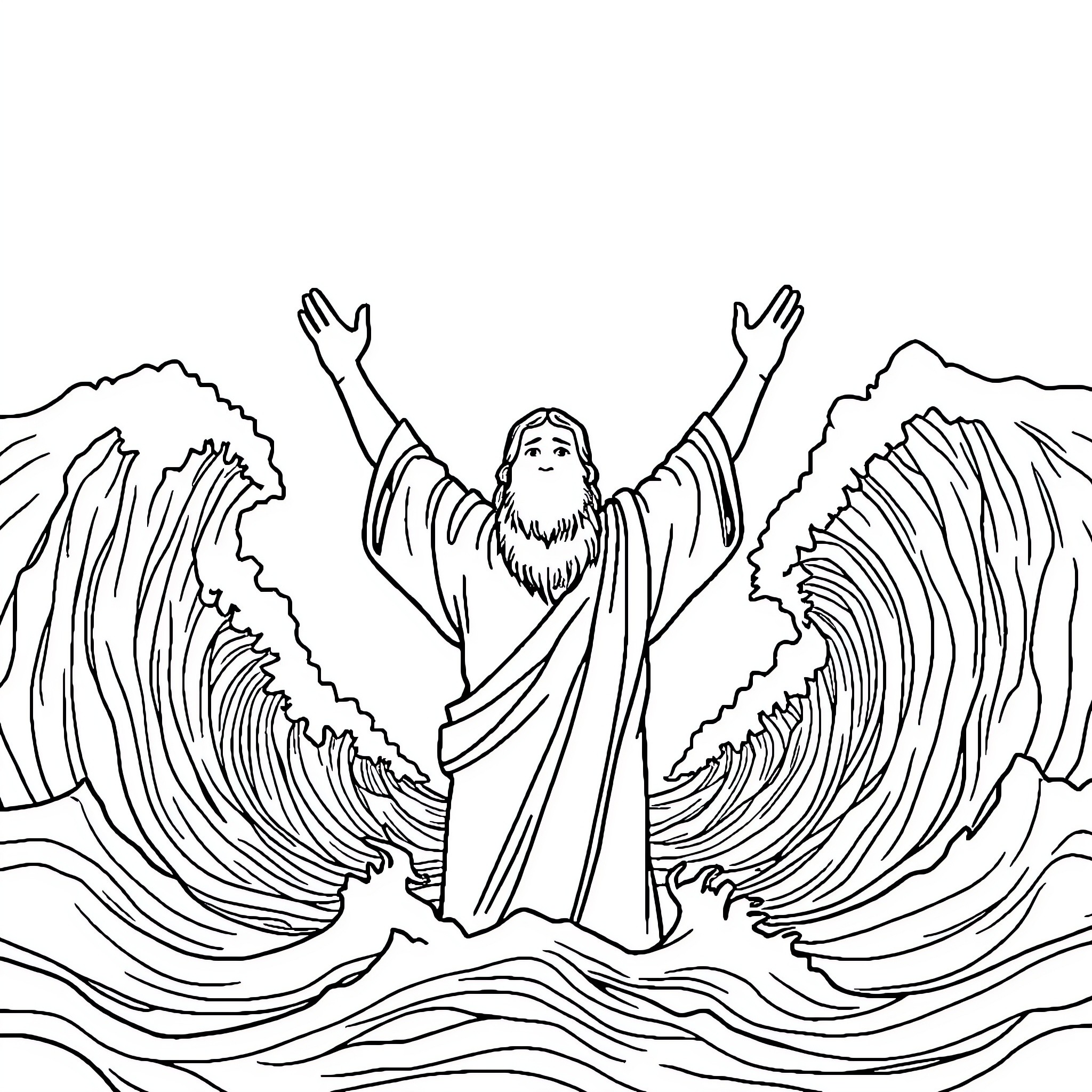 Jesus parts the seas with outstretched arms Coloring Page (free black-and-white line drawing printable PDF for all, from beginners to advanced learners, including children, teens, adults, and seniors)