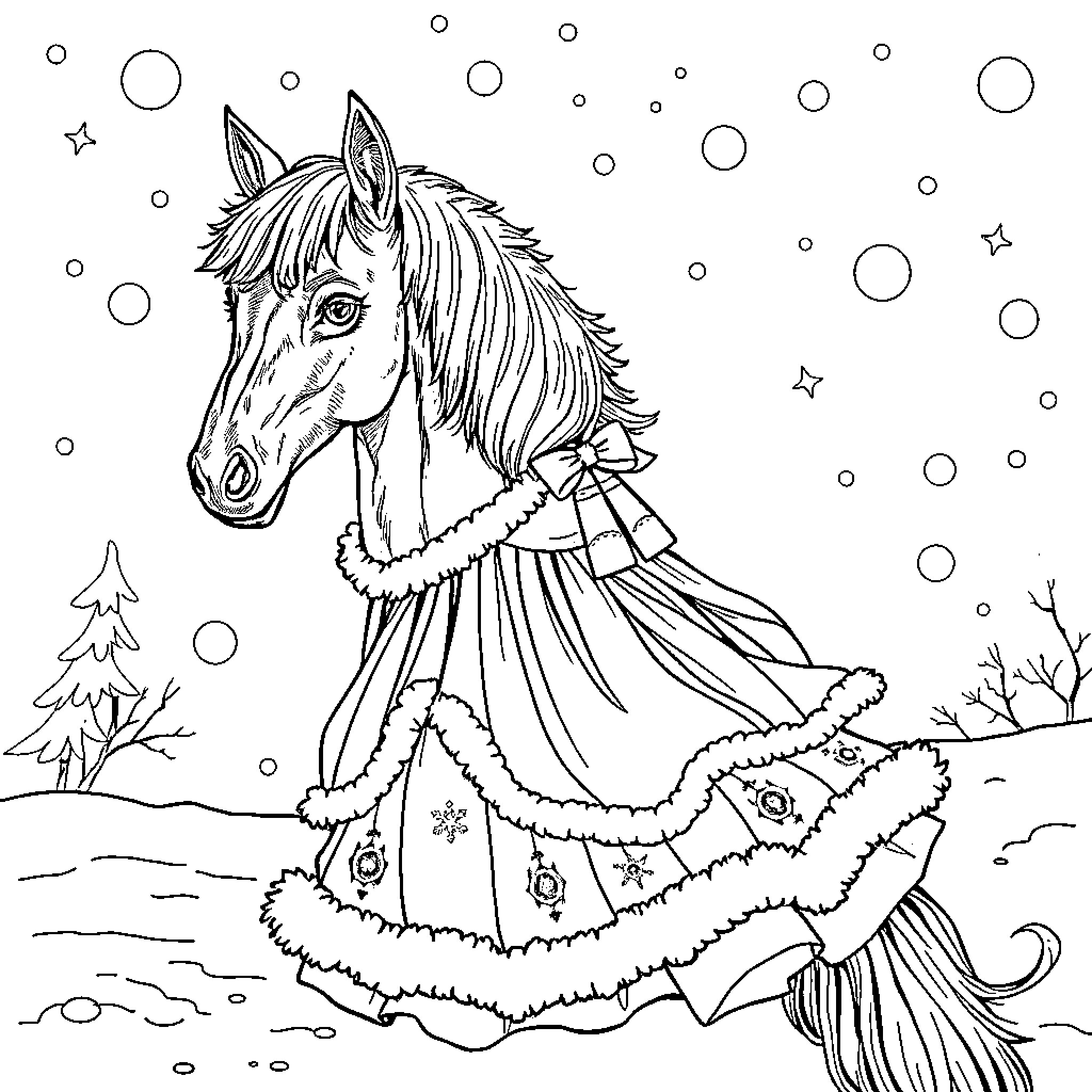 HUNTR/X Horse in Winter Wonderland Coloring Page (free black-and-white line drawing printable PDF for all, from beginners to advanced learners, including children, teens, adults, and seniors)