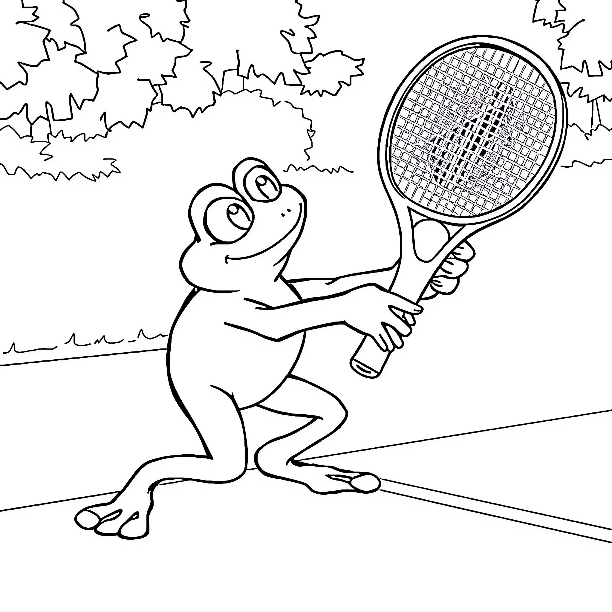 Pepe the frog playing tennis in the park Coloring Page (free black-and-white line drawing printable PDF for all, from beginners to advanced learners, including children, teens, adults, and seniors)