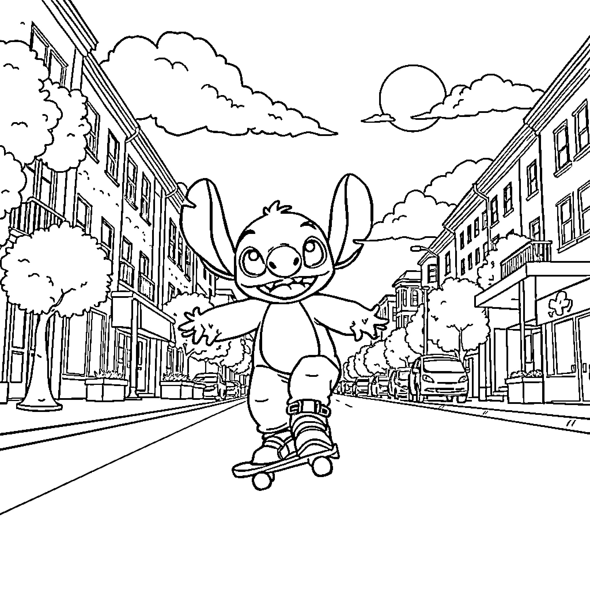 Stitch skateboarding through the city streets Coloring Page (free black-and-white line drawing printable PDF for all, from beginners to advanced learners, including children, teens, adults, and seniors)