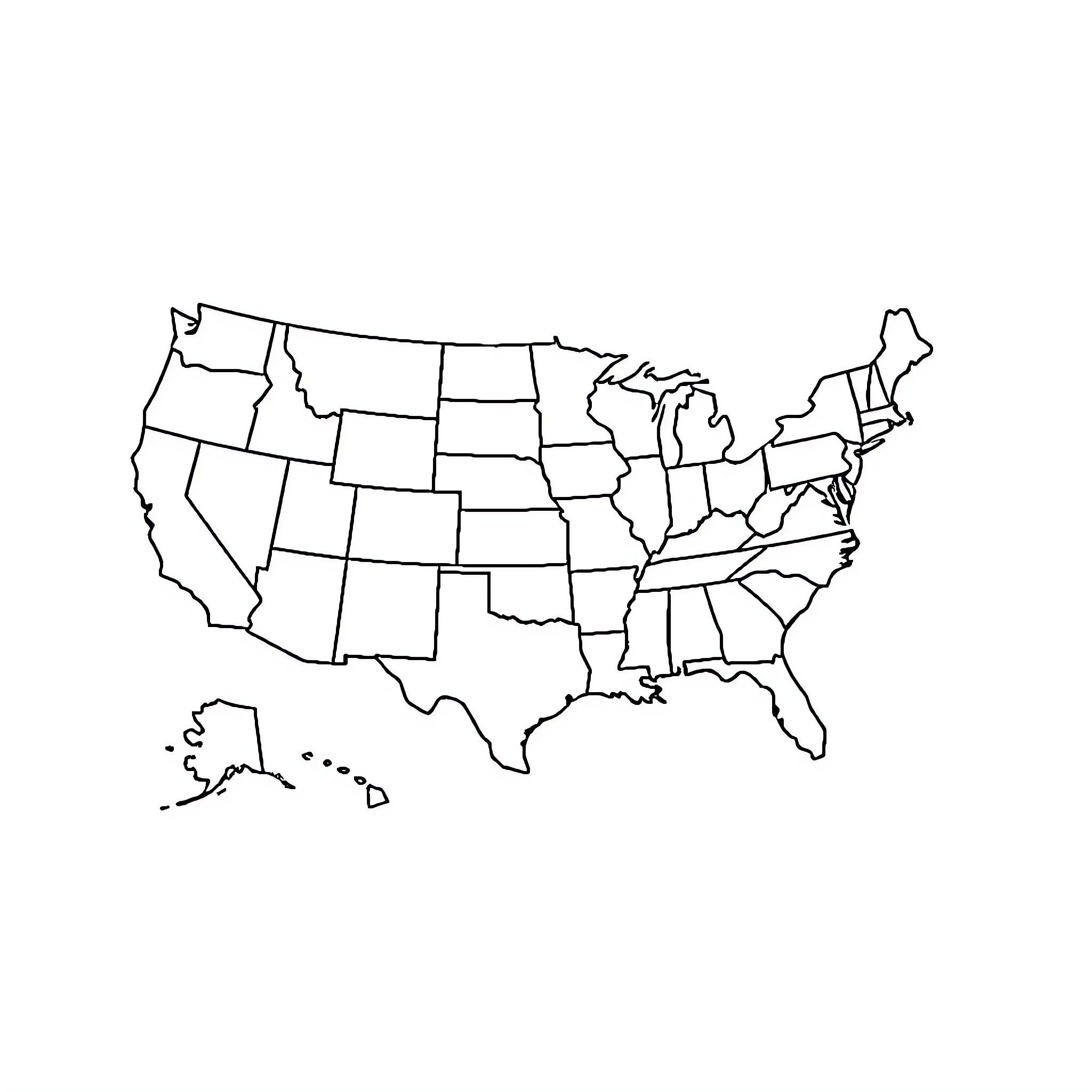 United States Outline Map with State Boundaries Coloring Page (free black-and-white line drawing printable PDF for all, from beginners to advanced learners, including children, teens, adults, and seniors)