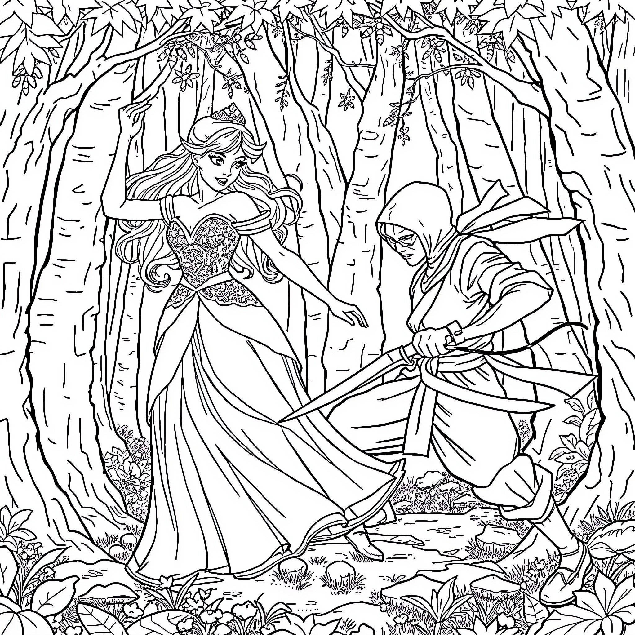 Princess in a Magical Forest Coloring Page (free black-and-white line drawing printable PDF for all, from beginners to advanced learners, including children, teens, adults, and seniors)
