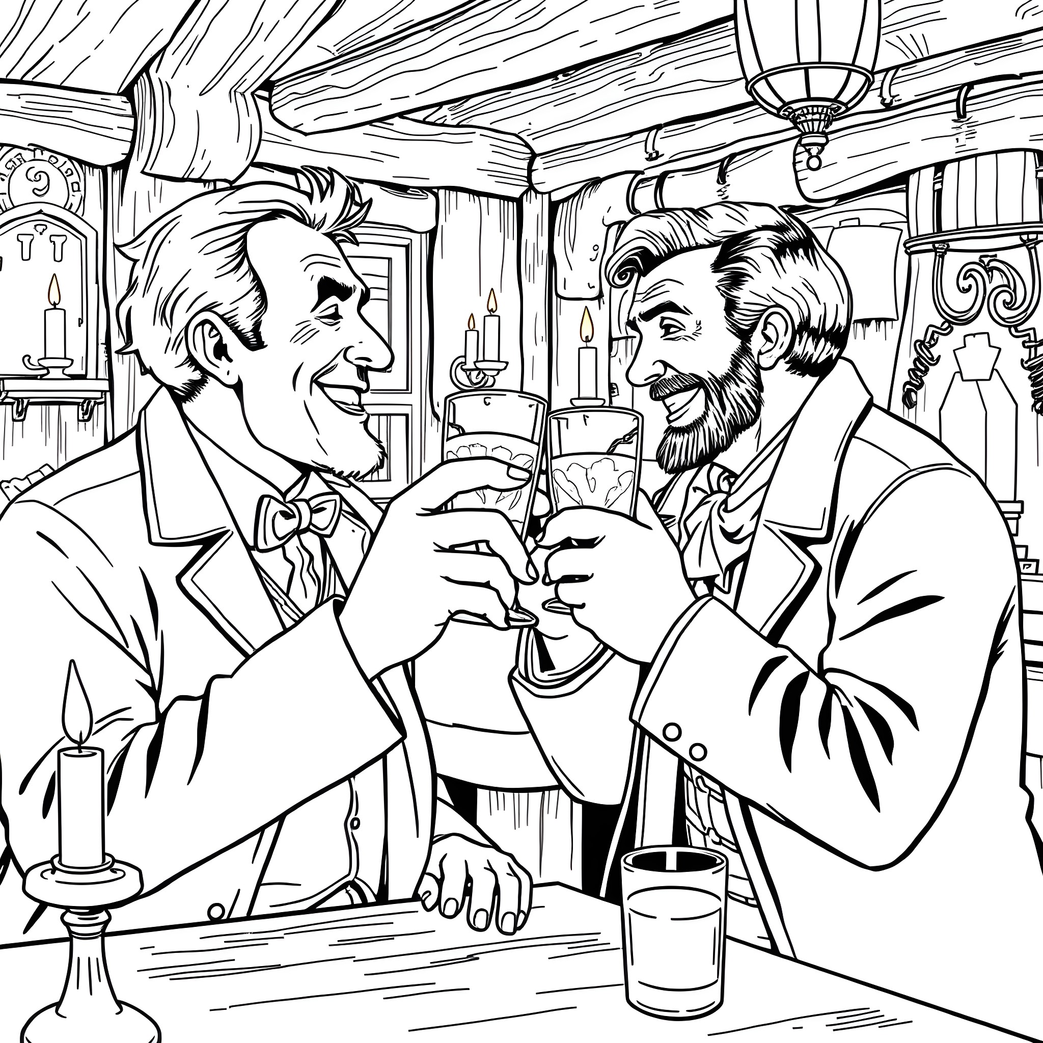 Richtofen's Tavern Gathering Coloring Page (free black-and-white line drawing printable PDF for all, from beginners to advanced learners, including children, teens, adults, and seniors)