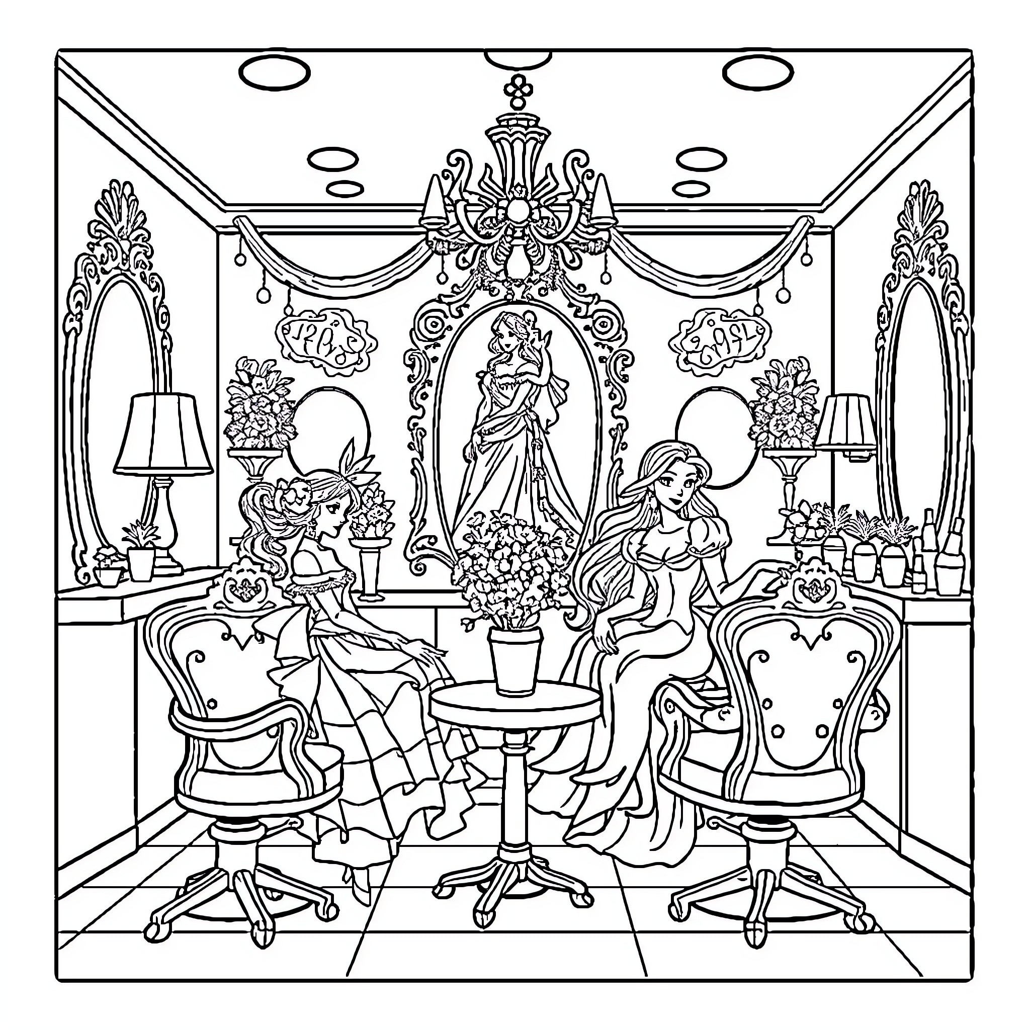 Princess Enjoying Elegant Parlor with Floral Decor Coloring Page (free black-and-white line drawing printable PDF for all, from beginners to advanced learners, including children, teens, adults, and seniors)