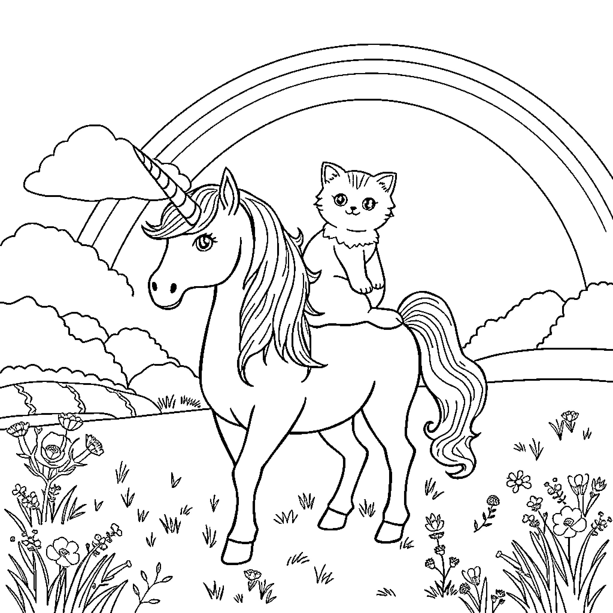 Unicorn and Kitten Exploring the Enchanted Meadow Coloring Page (free black-and-white line drawing printable PDF for all, from beginners to advanced learners, including children, teens, adults, and seniors)