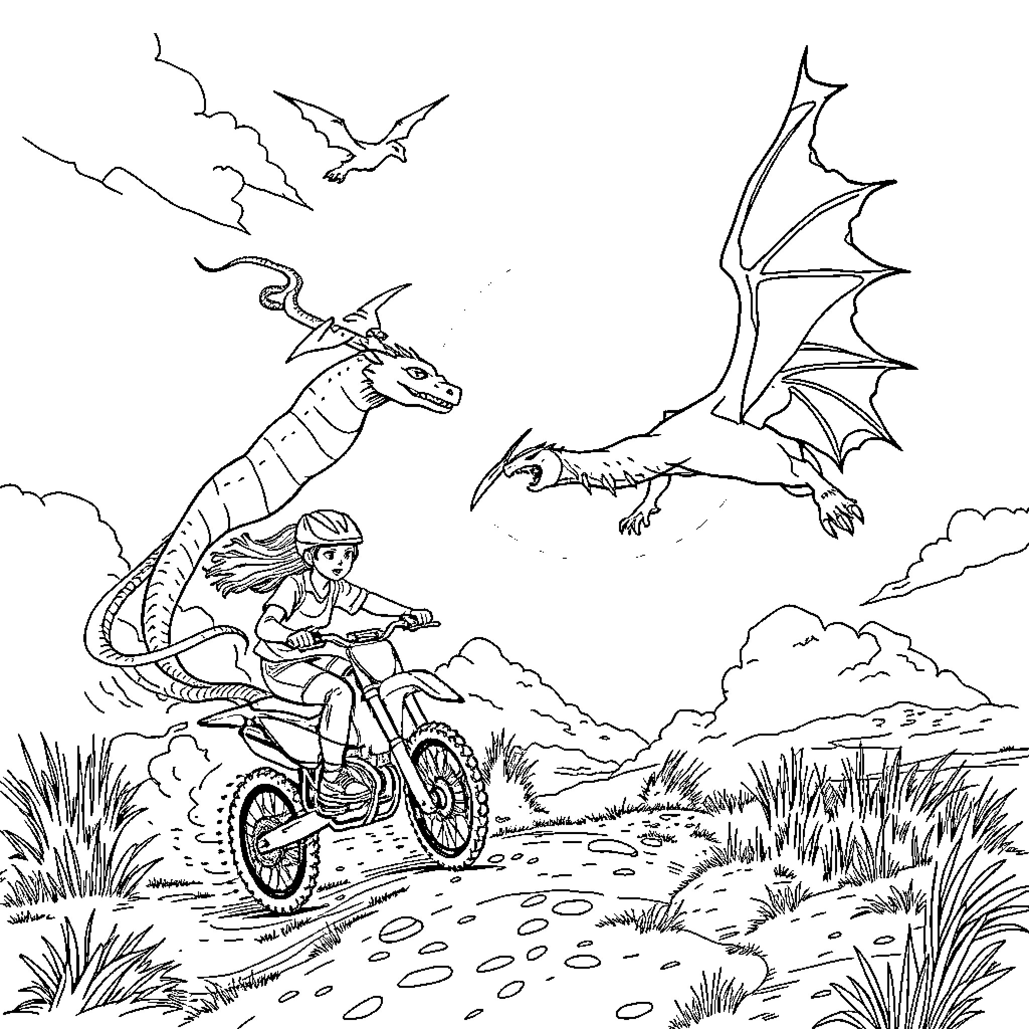 Dragon rider soaring through the skies on a motorbike Coloring Page (free black-and-white line drawing printable PDF for all, from beginners to advanced learners, including children, teens, adults, and seniors)