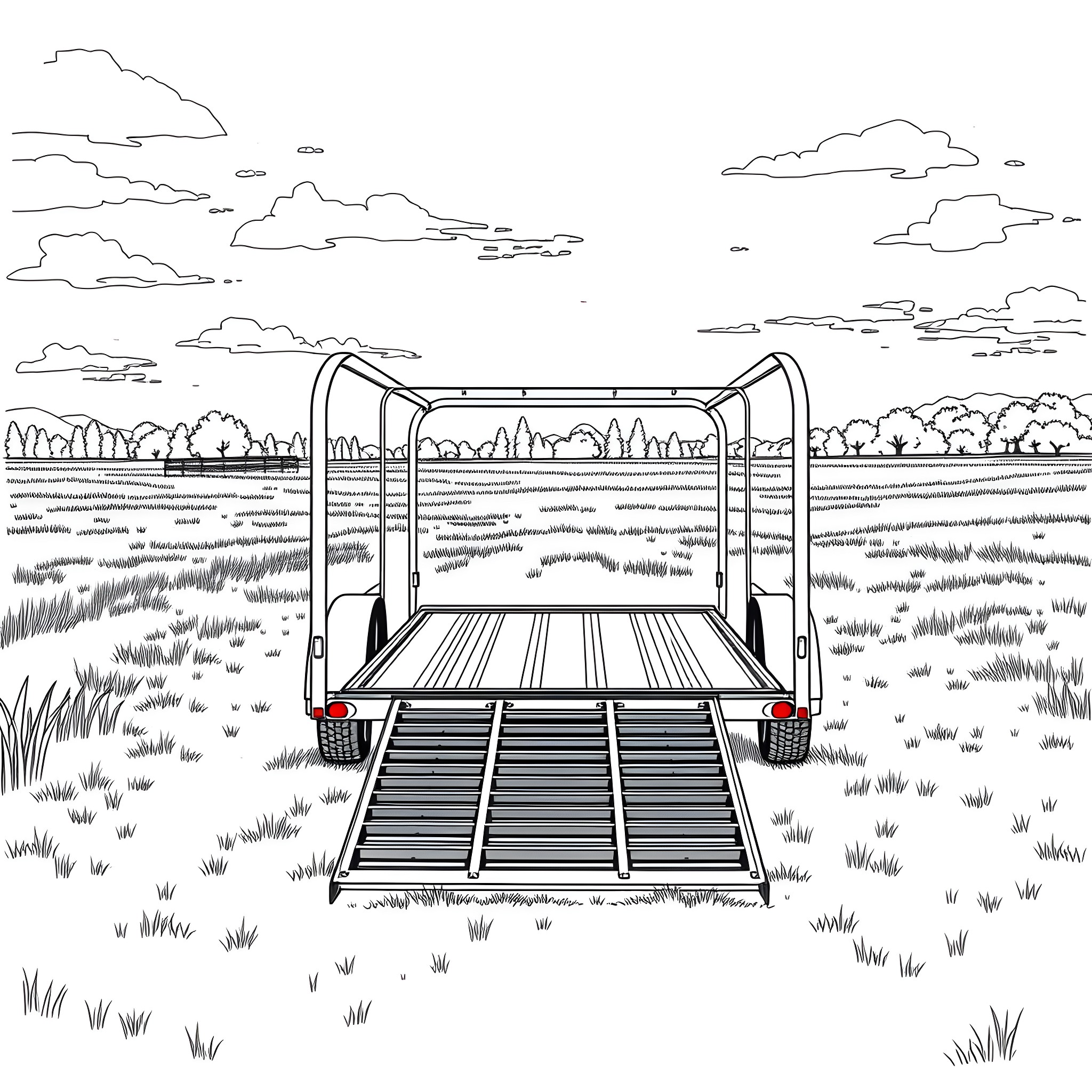 Car Trailer on a Countryside Landscape Coloring Page (free black-and-white line drawing printable PDF for all, from beginners to advanced learners, including children, teens, adults, and seniors)