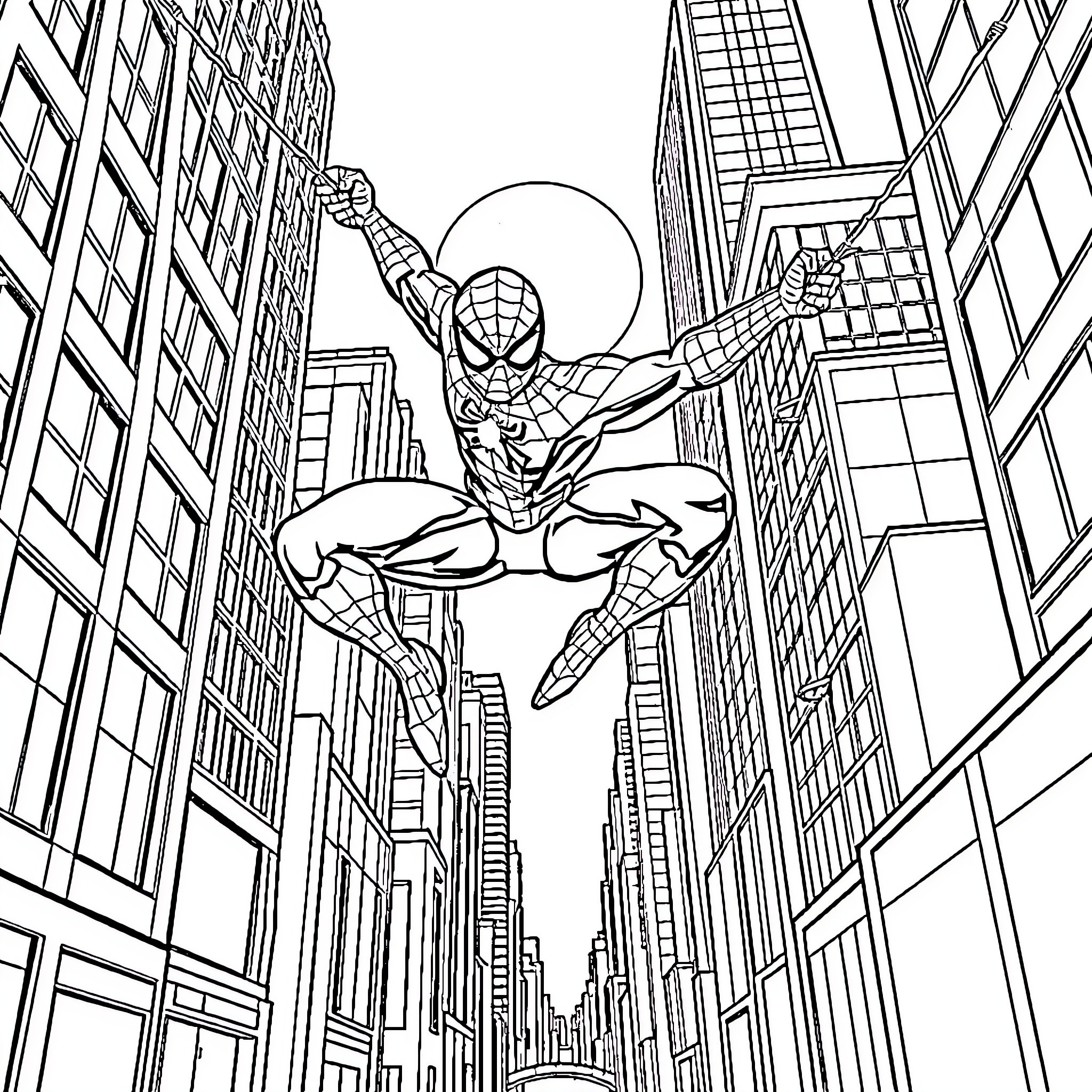 Spiderman swinging through the city skyline Coloring Page (free black-and-white line drawing printable PDF for all, from beginners to advanced learners, including children, teens, adults, and seniors)
