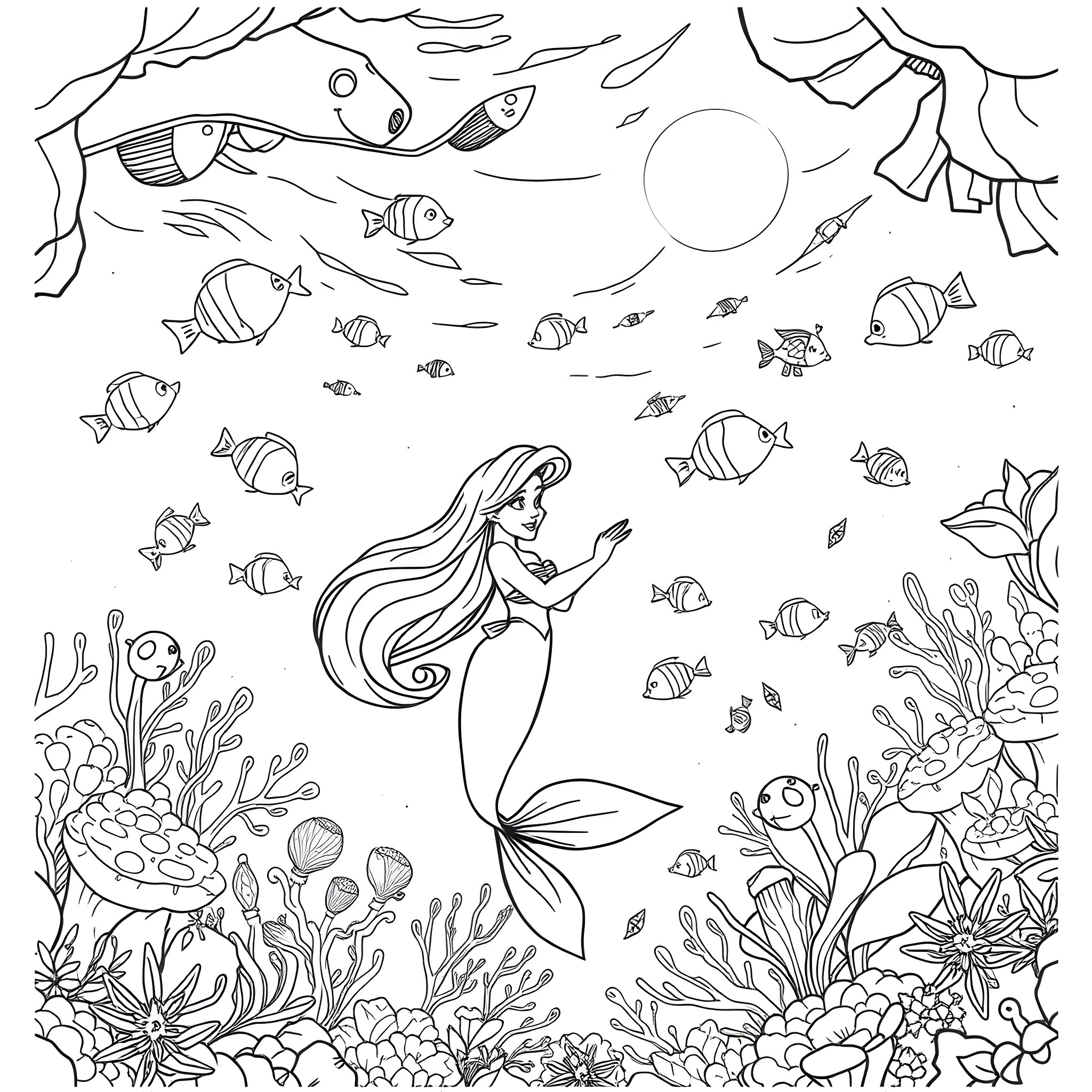 Ariel exploring the underwater world with marine life Coloring Page (free black-and-white line drawing printable PDF for all, from beginners to advanced learners, including children, teens, adults, and seniors)