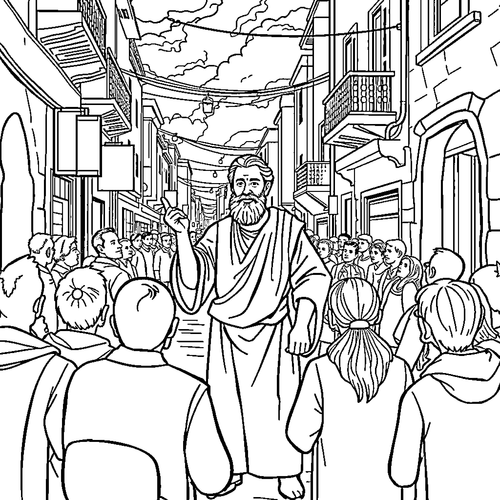 Paul preaches to the crowd in an ancient city Coloring Page (free black-and-white line drawing printable PDF for all, from beginners to advanced learners, including children, teens, adults, and seniors)