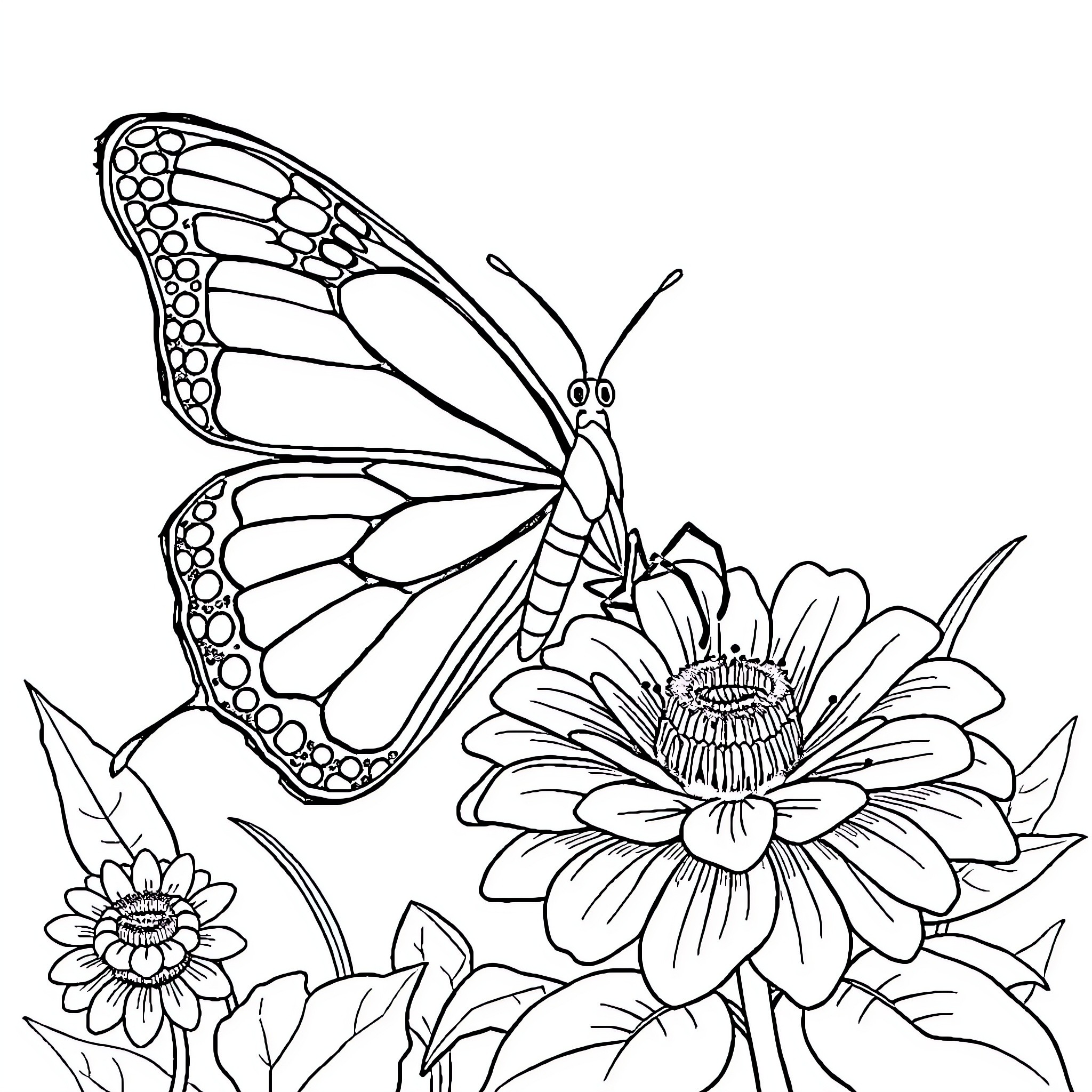 Butterfly resting on a vibrant flower Coloring Page (free black-and-white line drawing printable PDF for all, from beginners to advanced learners, including children, teens, adults, and seniors)