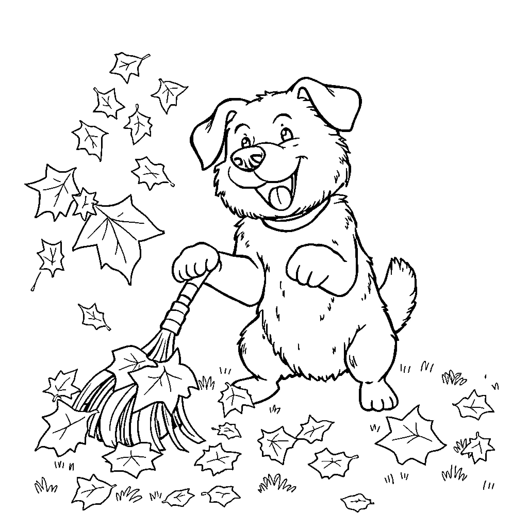 Dog happily raking autumn leaves Coloring Page (free black-and-white line drawing printable PDF for all, from beginners to advanced learners, including children, teens, adults, and seniors)