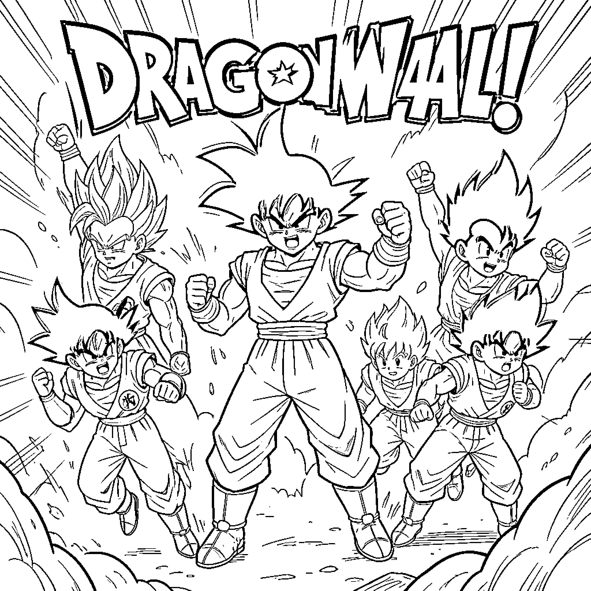 Dragon Ball - Characters in Action-Packed Scene Coloring Page (free black-and-white line drawing printable PDF for all, from beginners to advanced learners, including children, teens, adults, and seniors)