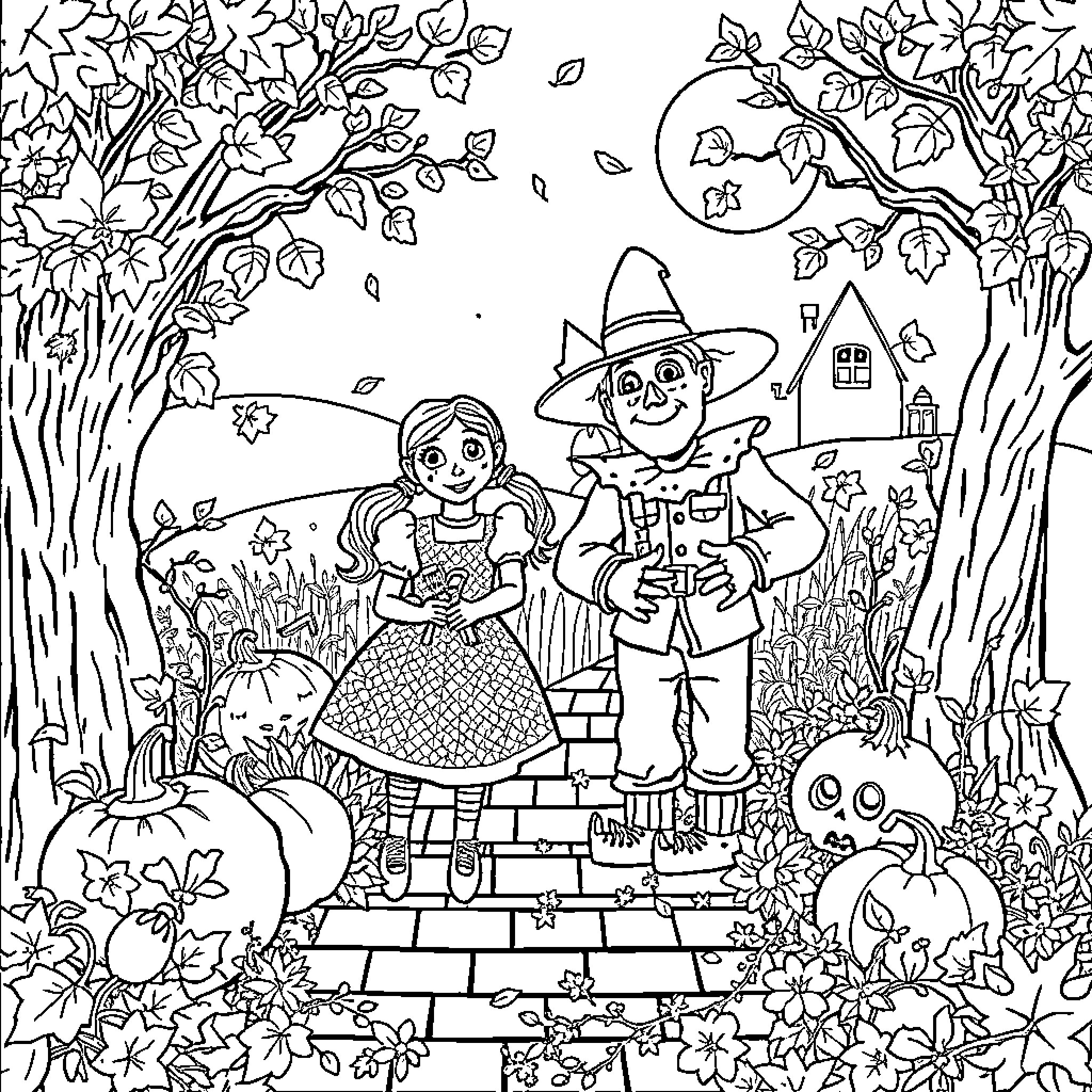 Wizard and the Girl in a Magical Forest Coloring Page (free black-and-white line drawing printable PDF for all, from beginners to advanced learners, including children, teens, adults, and seniors)