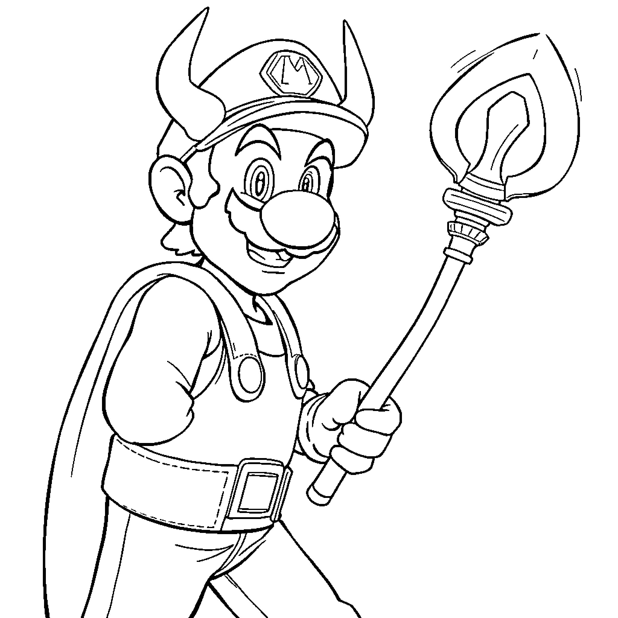 Loki the Plumber Wields a Torch Coloring Page (free black-and-white line drawing printable PDF for all, from beginners to advanced learners, including children, teens, adults, and seniors)