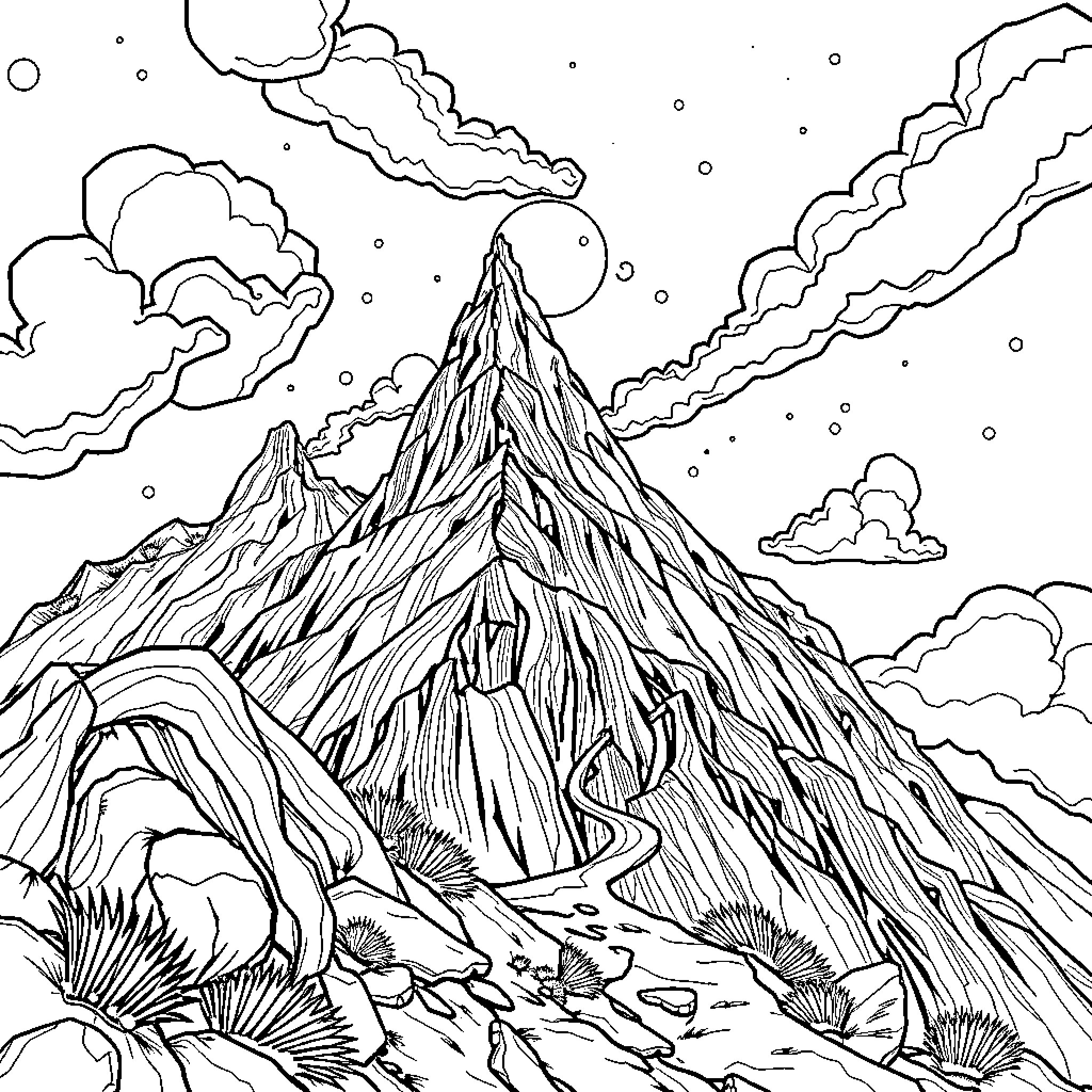A Mystical Journey through Rugged Terrain Coloring Page (free black-and-white line drawing printable PDF for all, from beginners to advanced learners, including children, teens, adults, and seniors)