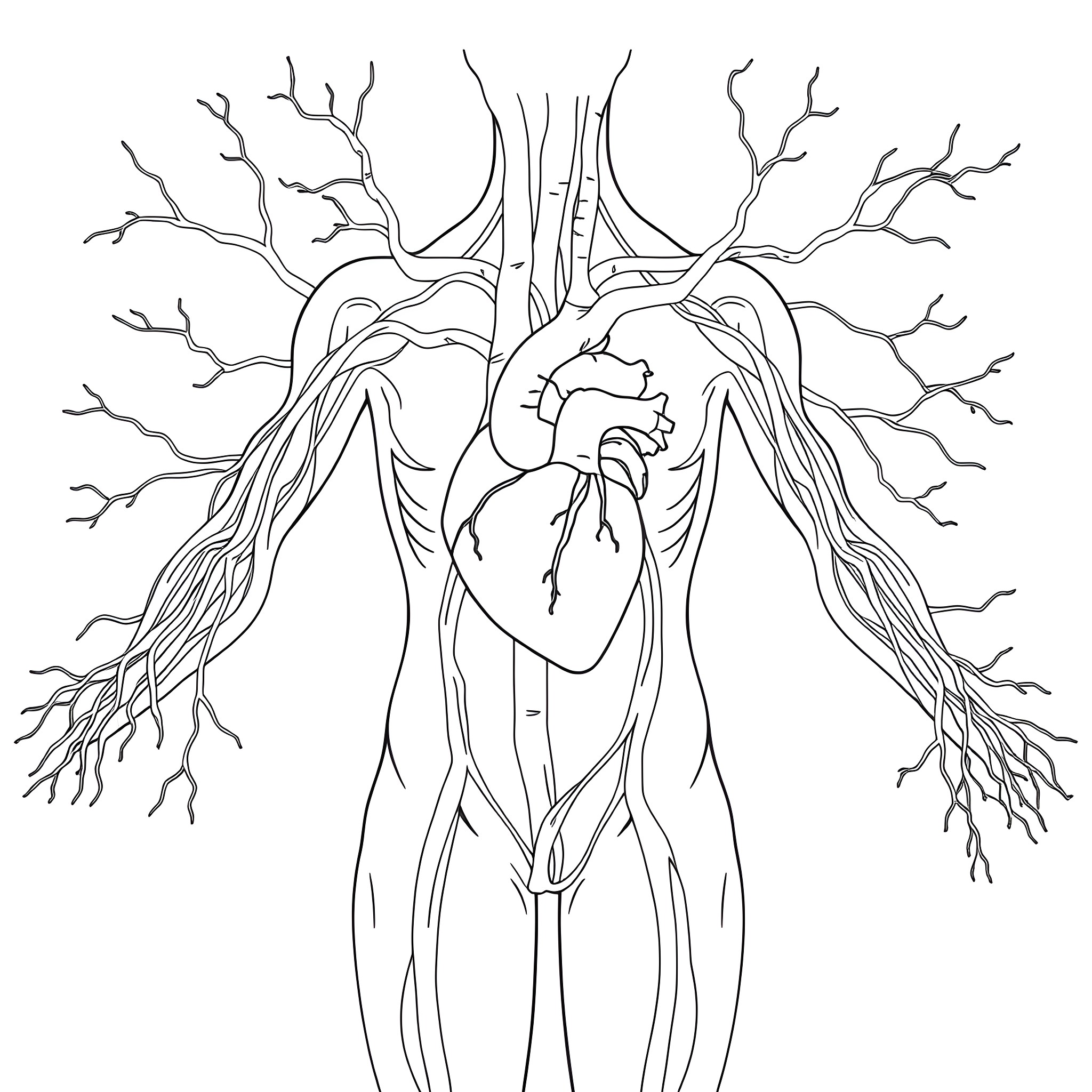 Circulatory System Diagram of Heart and Arteries Coloring Page (free black-and-white line drawing printable PDF for all, from beginners to advanced learners, including children, teens, adults, and seniors)