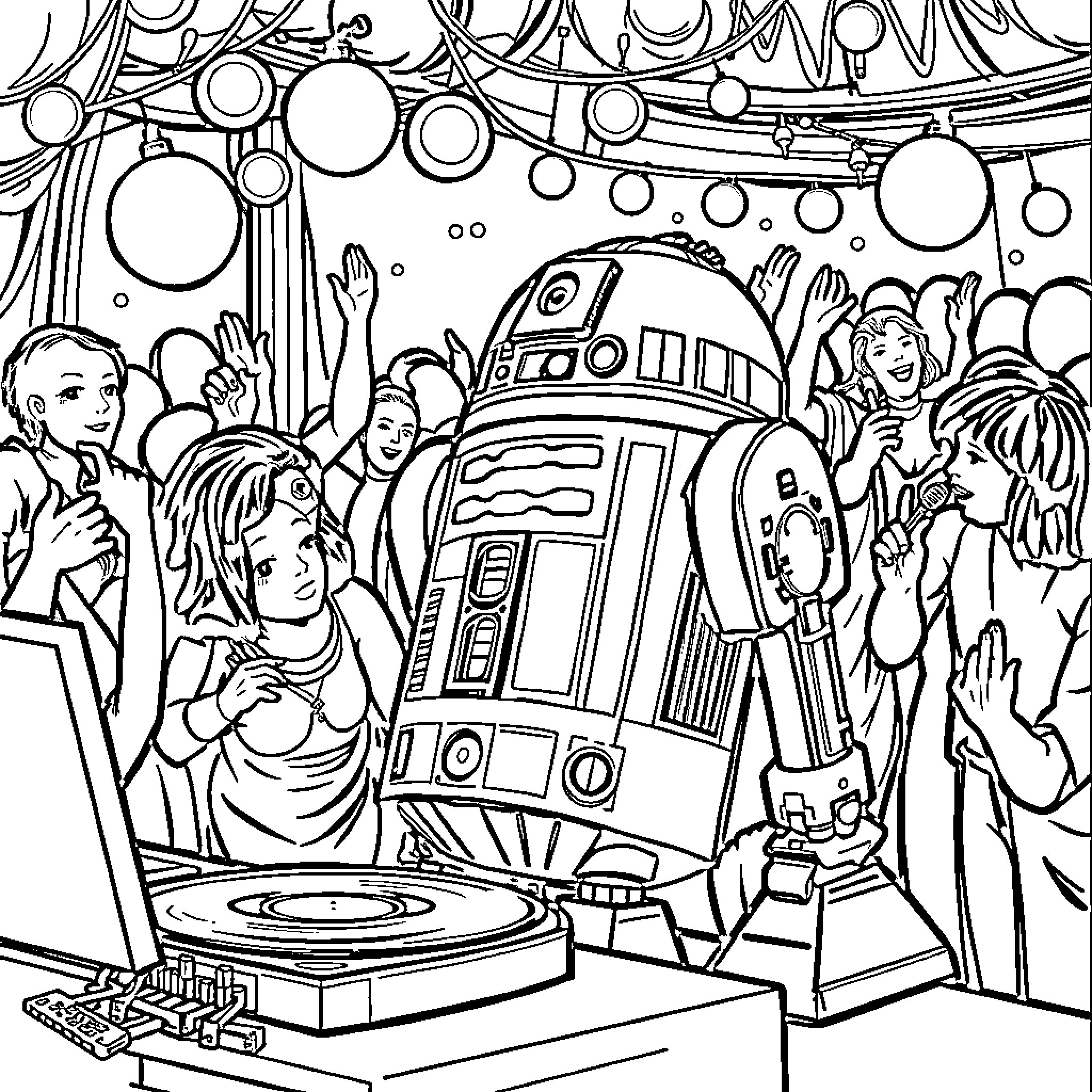 R2D2 celebrates at a lively Star Wars party Coloring Page (free black-and-white line drawing printable PDF for all, from beginners to advanced learners, including children, teens, adults, and seniors)