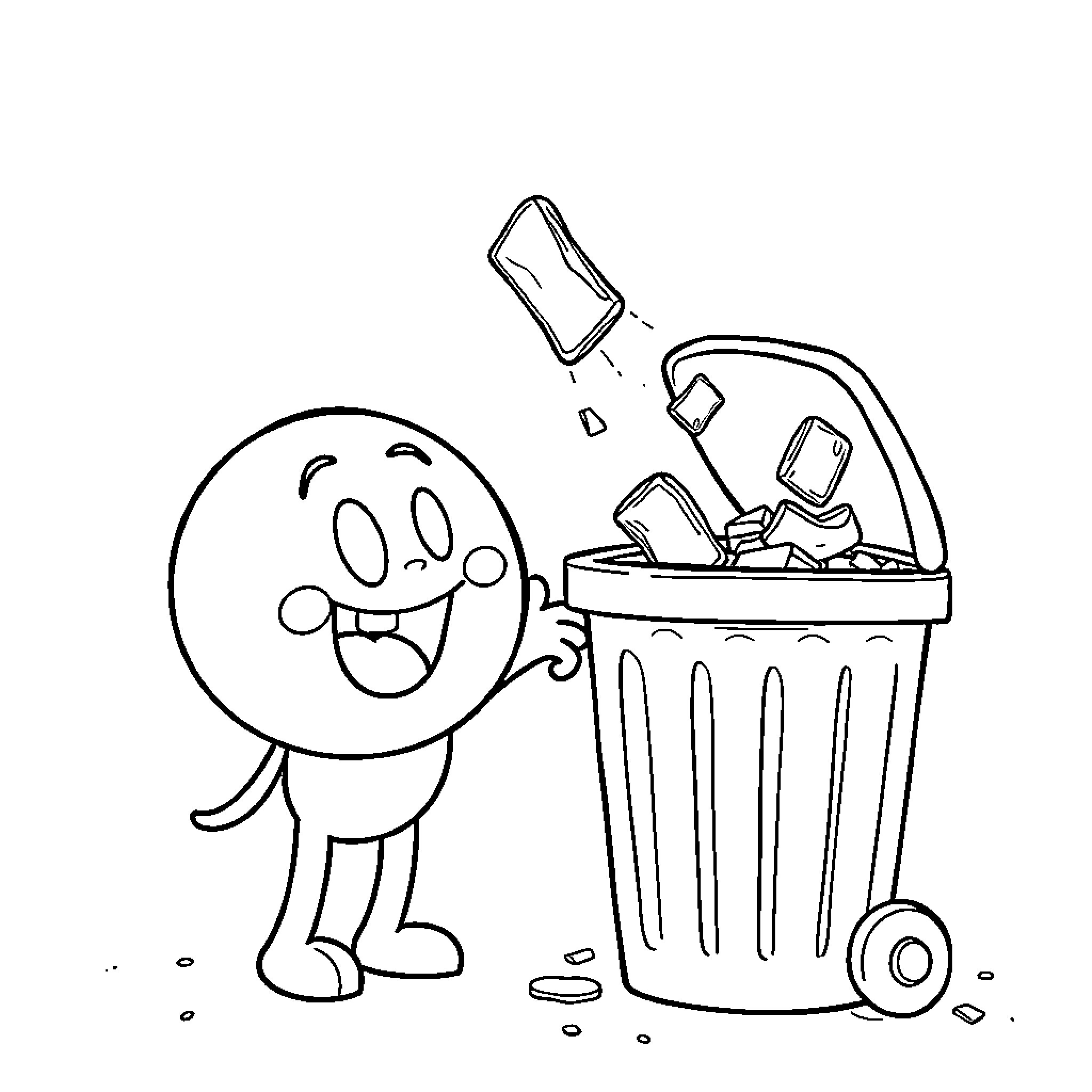 Gumball enjoying a trash can full of junk Coloring Page (free black-and-white line drawing printable PDF for all, from beginners to advanced learners, including children, teens, adults, and seniors)