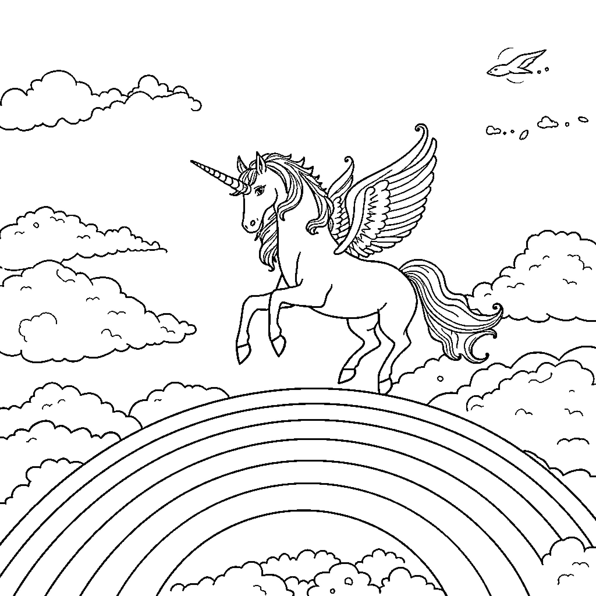 Unicorn soaring gracefully over a rainbow in the clouds Coloring Page (free black-and-white line drawing printable PDF for all, from beginners to advanced learners, including children, teens, adults, and seniors)