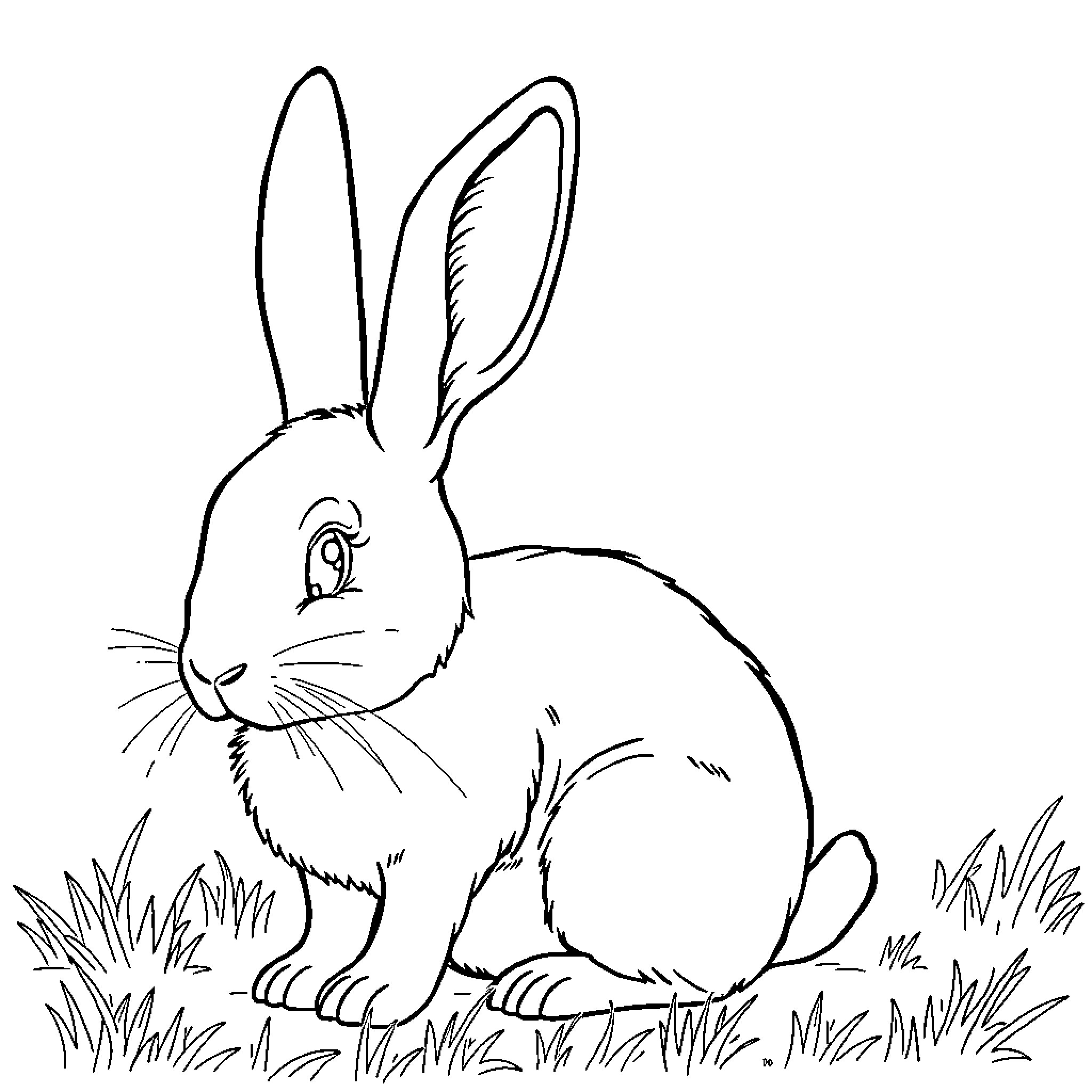 Rabbit sitting in grass Coloring Page (free black-and-white line drawing printable PDF for all, from beginners to advanced learners, including children, teens, adults, and seniors)