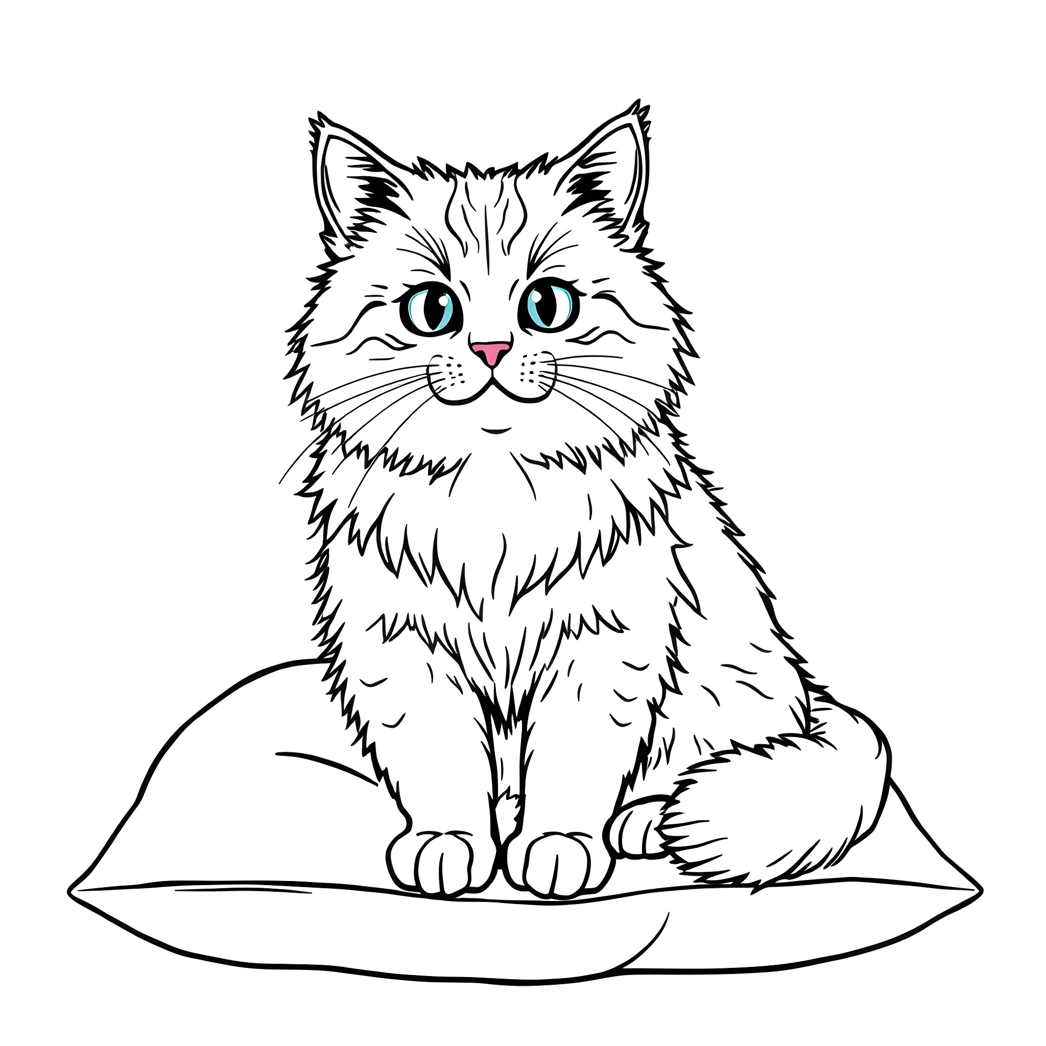 Cat sitting calmly on a cushion Coloring Page (free black-and-white line drawing printable PDF for all, from beginners to advanced learners, including children, teens, adults, and seniors)