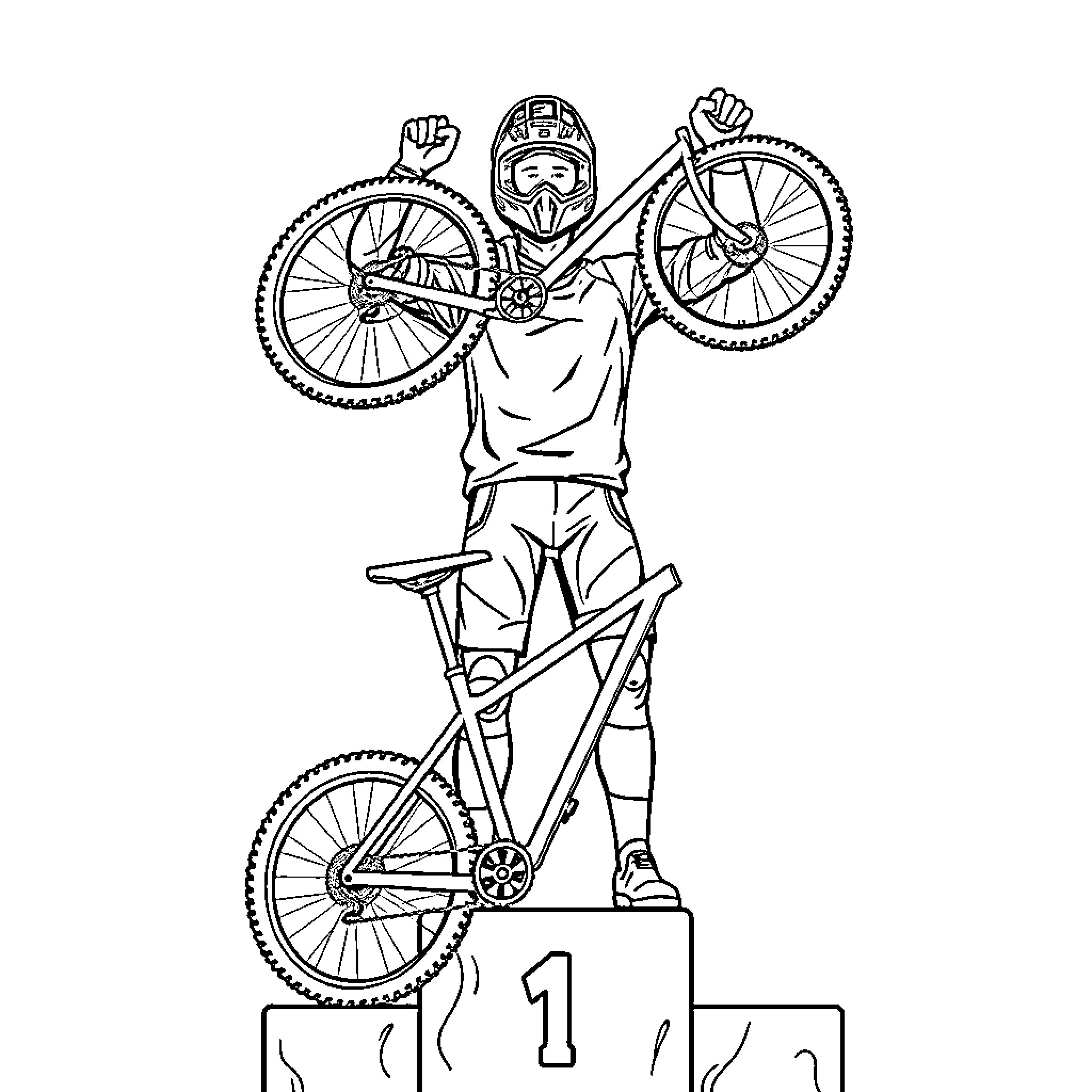 Mountain Biker Performing Stunt on Podium Coloring Page (free black-and-white line drawing printable PDF for all, from beginners to advanced learners, including children, teens, adults, and seniors)