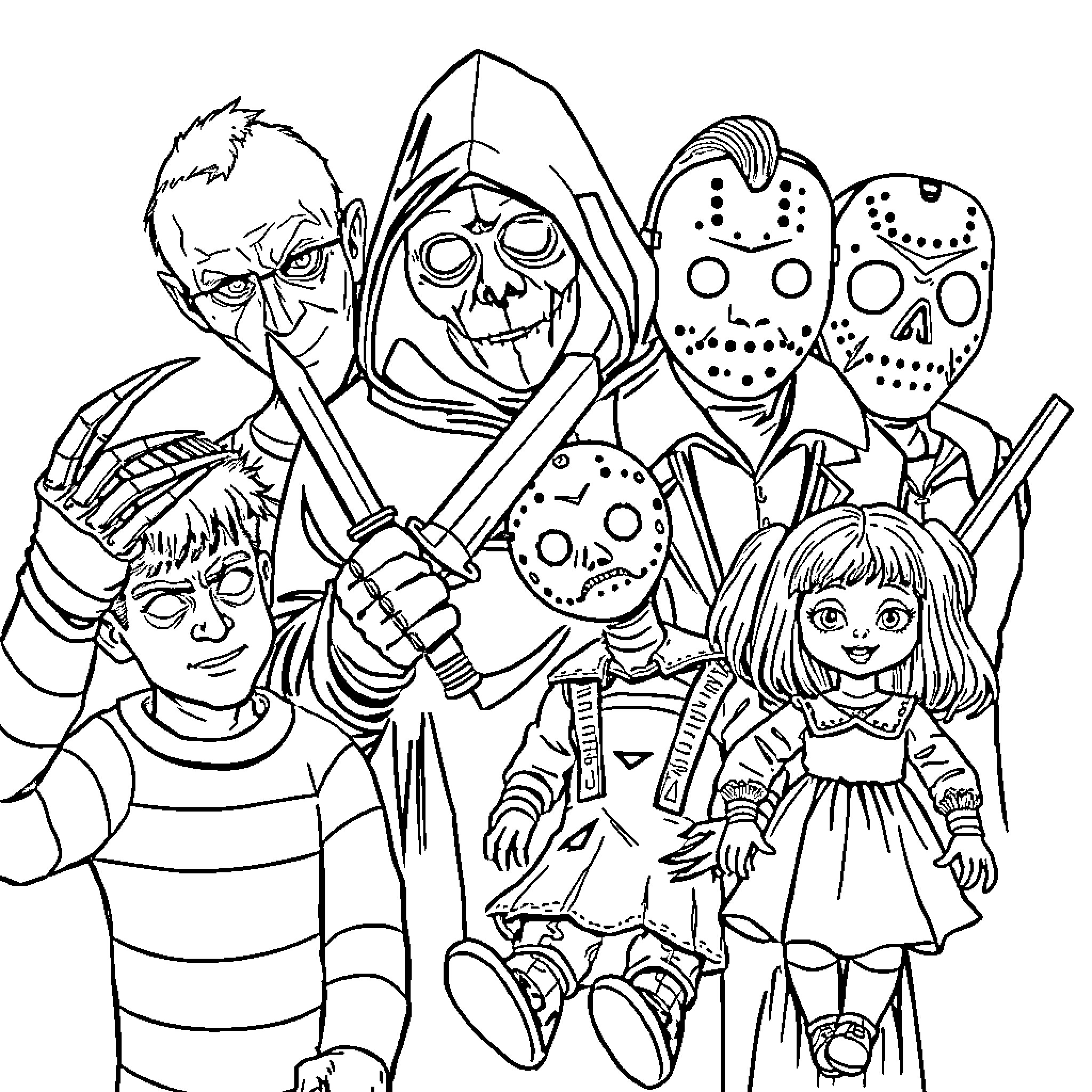 Horror Characters in Spooky Costumes and Poses Coloring Page (free black-and-white line drawing printable PDF for all, from beginners to advanced learners, including children, teens, adults, and seniors)