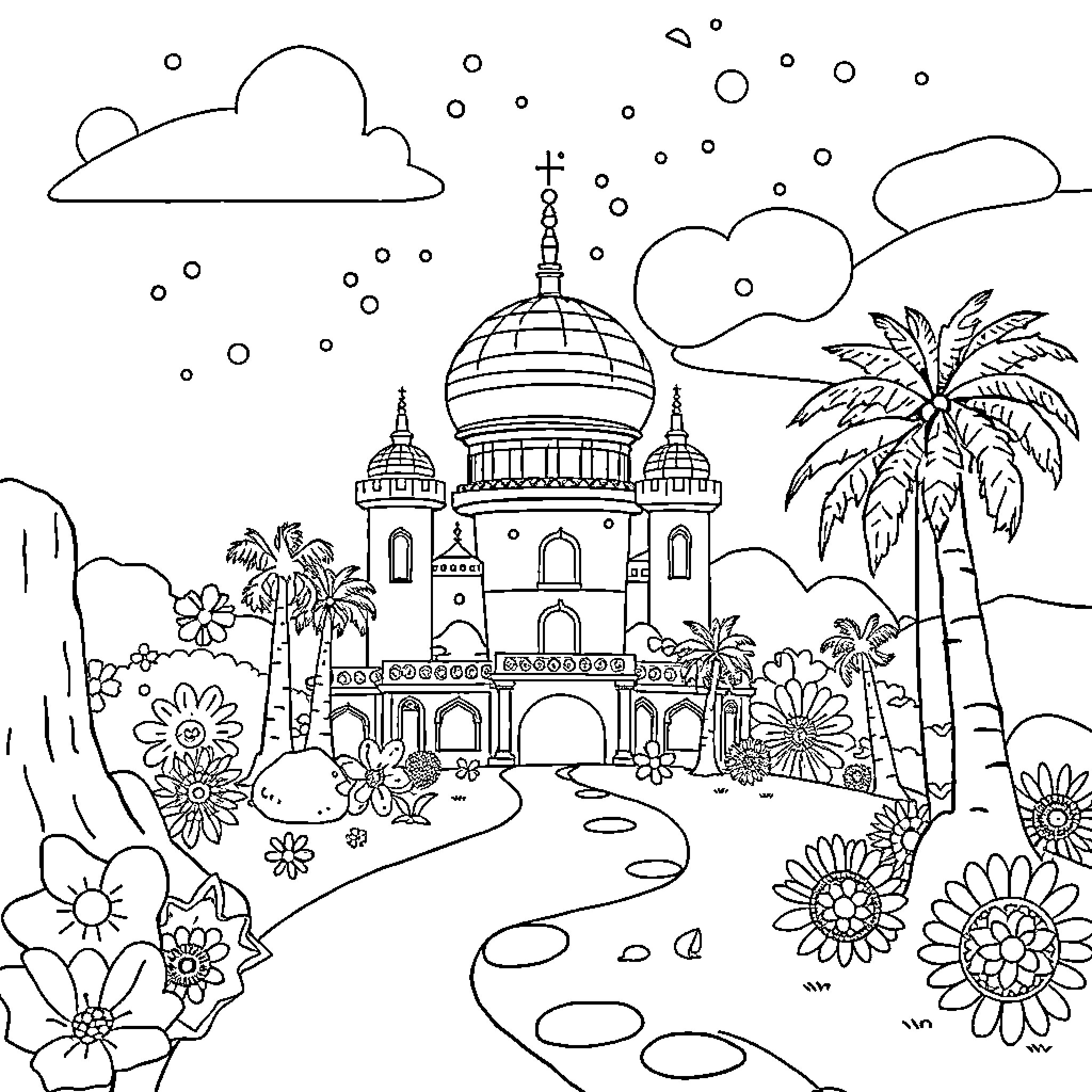 World of Architectural Wonders and Nature's Embrace Coloring Page (free black-and-white line drawing printable PDF for all, from beginners to advanced learners, including children, teens, adults, and seniors)
