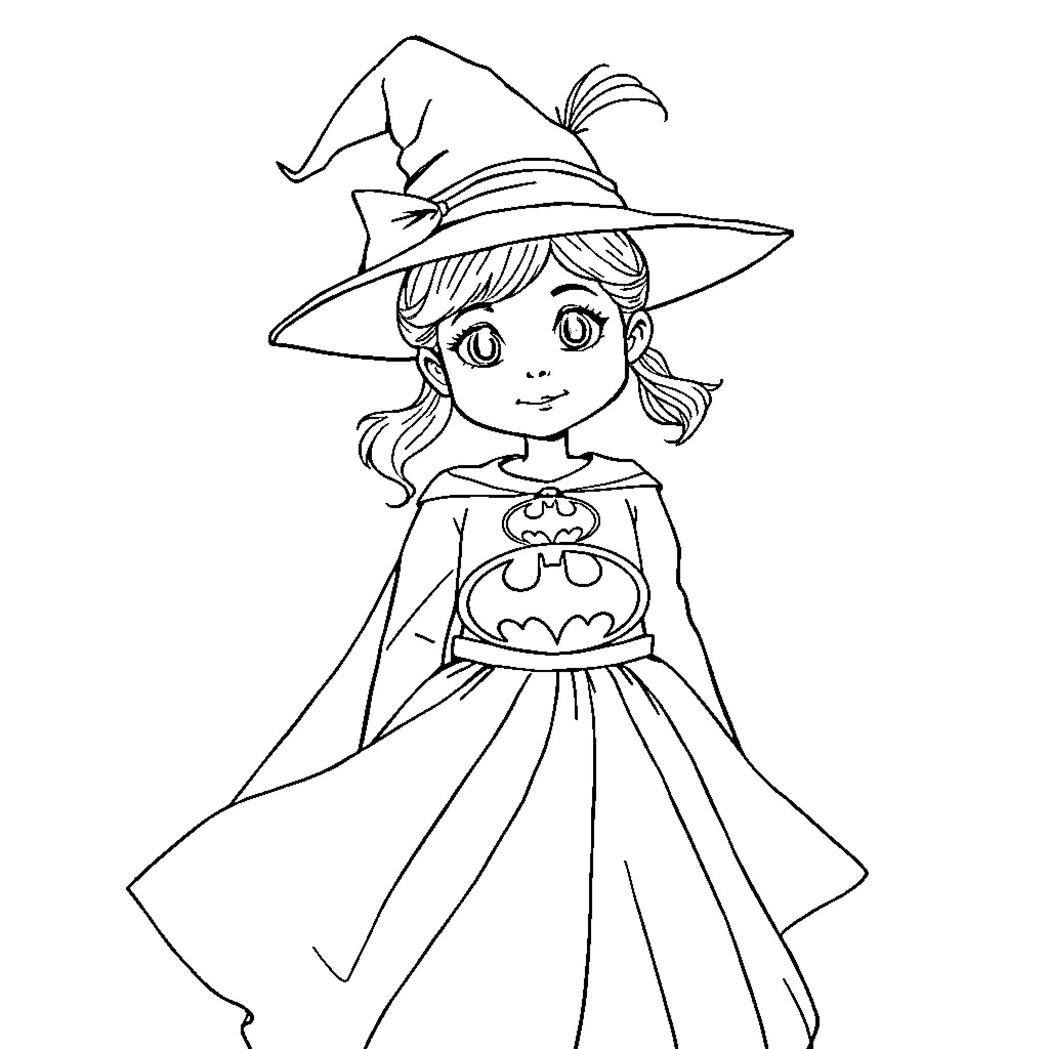 Girl in witch costume with hat and cape Coloring Page (free black-and-white line drawing printable PDF for all, from beginners to advanced learners, including children, teens, adults, and seniors)