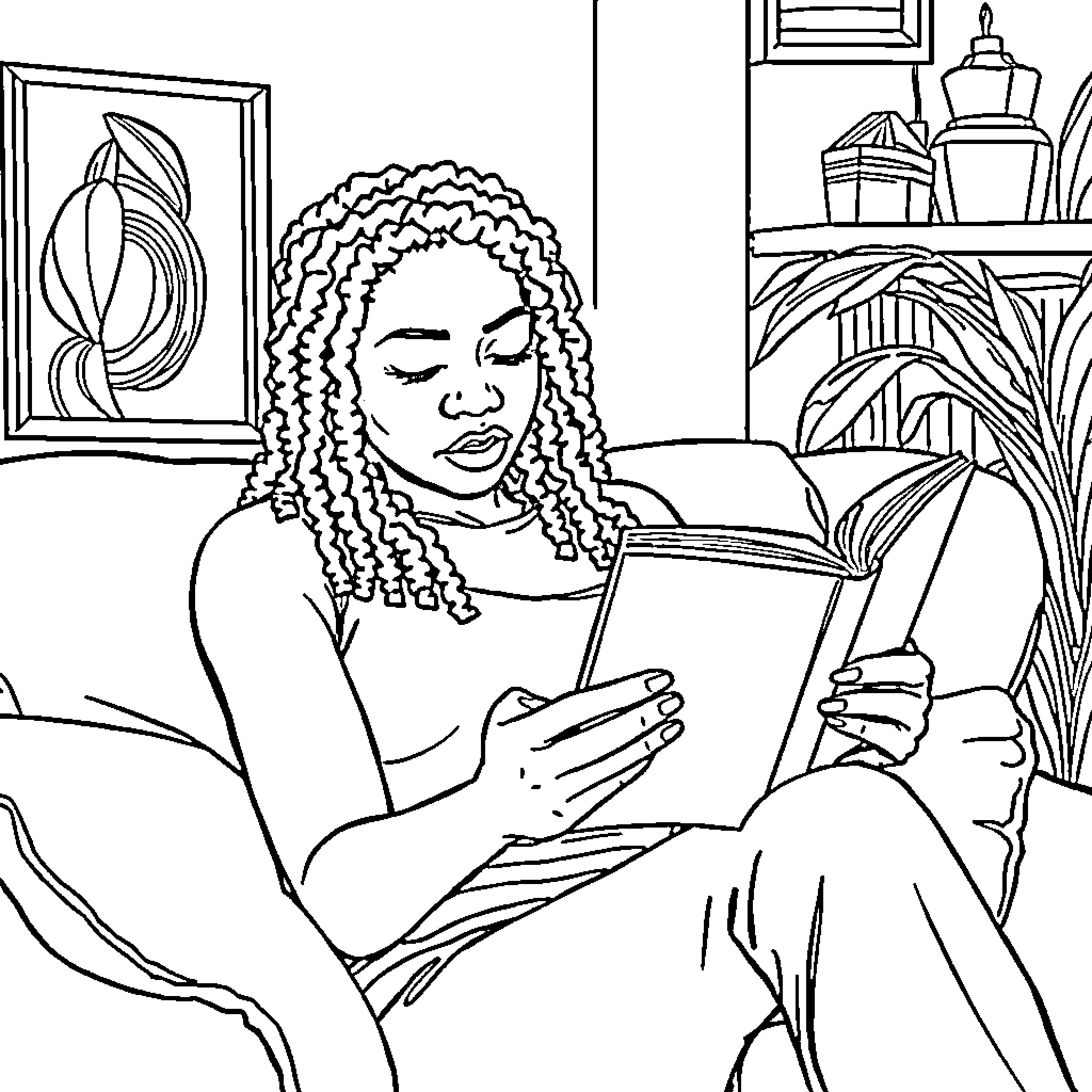Woman reading a book in a cozy home setting Coloring Page (free black-and-white line drawing printable PDF for all, from beginners to advanced learners, including children, teens, adults, and seniors)