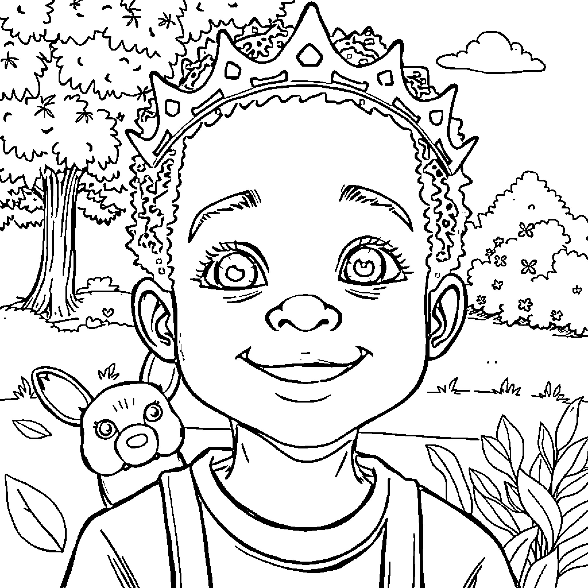 Boy wearing a crown in a lush outdoor scene Coloring Page (free black-and-white line drawing printable PDF for all, from beginners to advanced learners, including children, teens, adults, and seniors)