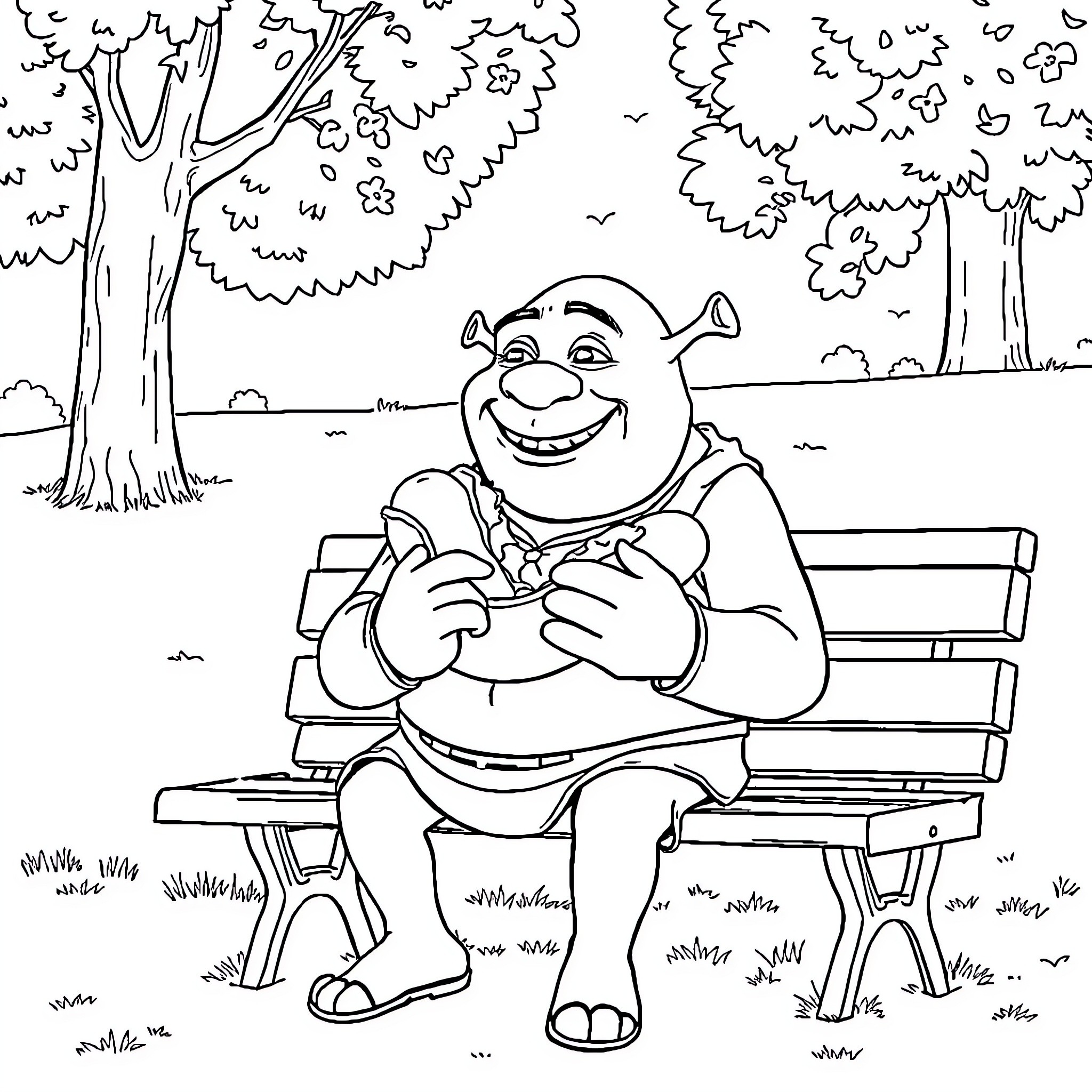 Shrek enjoying a peaceful day in the park Coloring Page (free black-and-white line drawing printable PDF for all, from beginners to advanced learners, including children, teens, adults, and seniors)