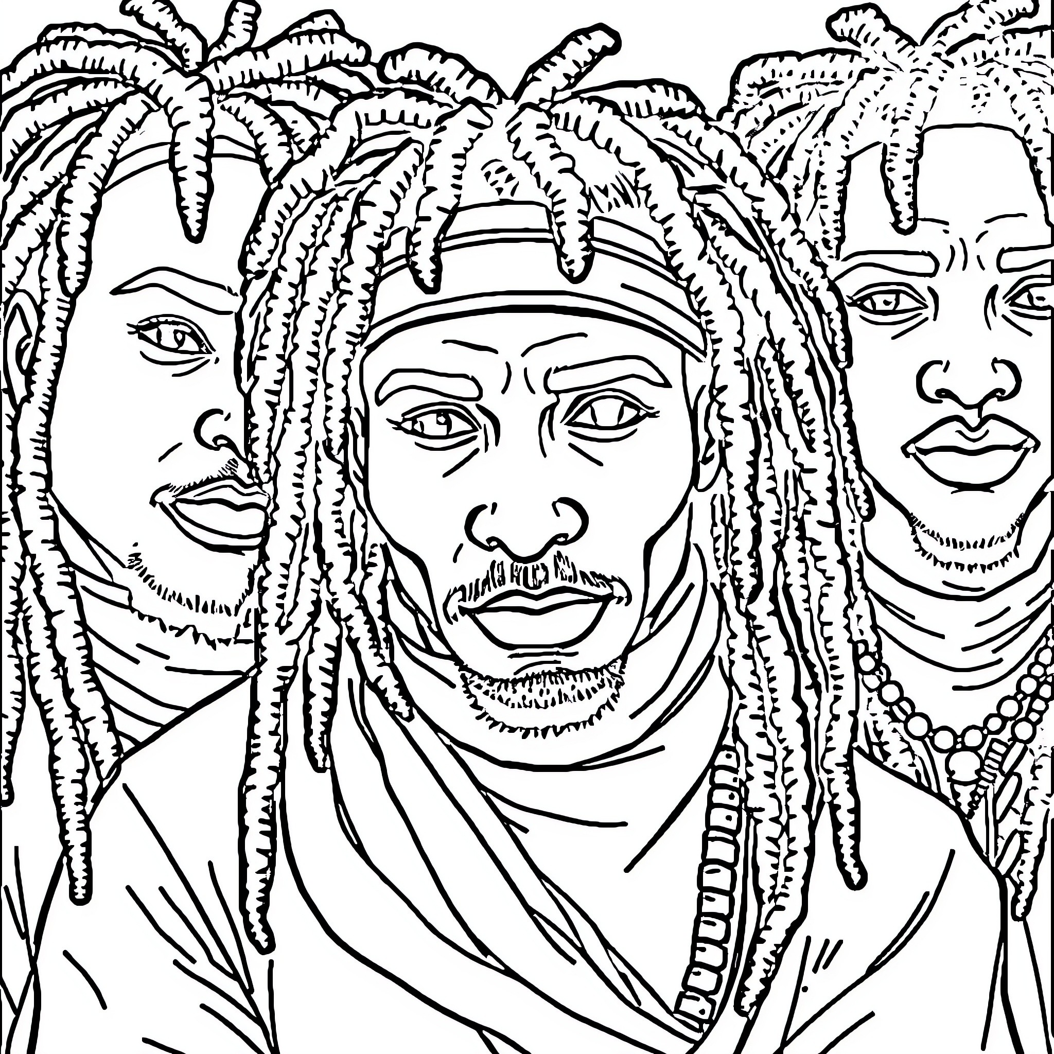 Rastafari community gathering with intricate hairstyles Coloring Page (free black-and-white line drawing printable PDF for all, from beginners to advanced learners, including children, teens, adults, and seniors)