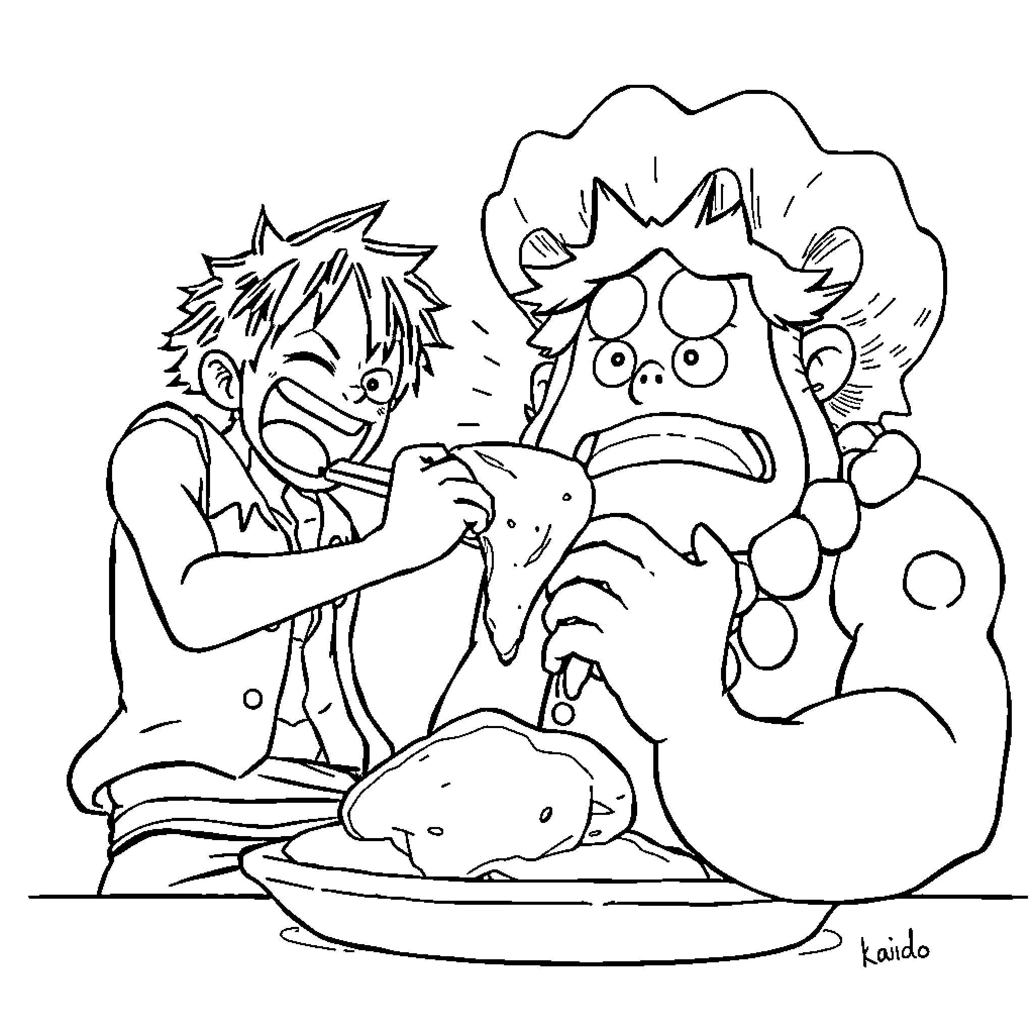 Luffy cooking with wacky friends in the kitchen Coloring Page (free black-and-white line drawing printable PDF for all, from beginners to advanced learners, including children, teens, adults, and seniors)