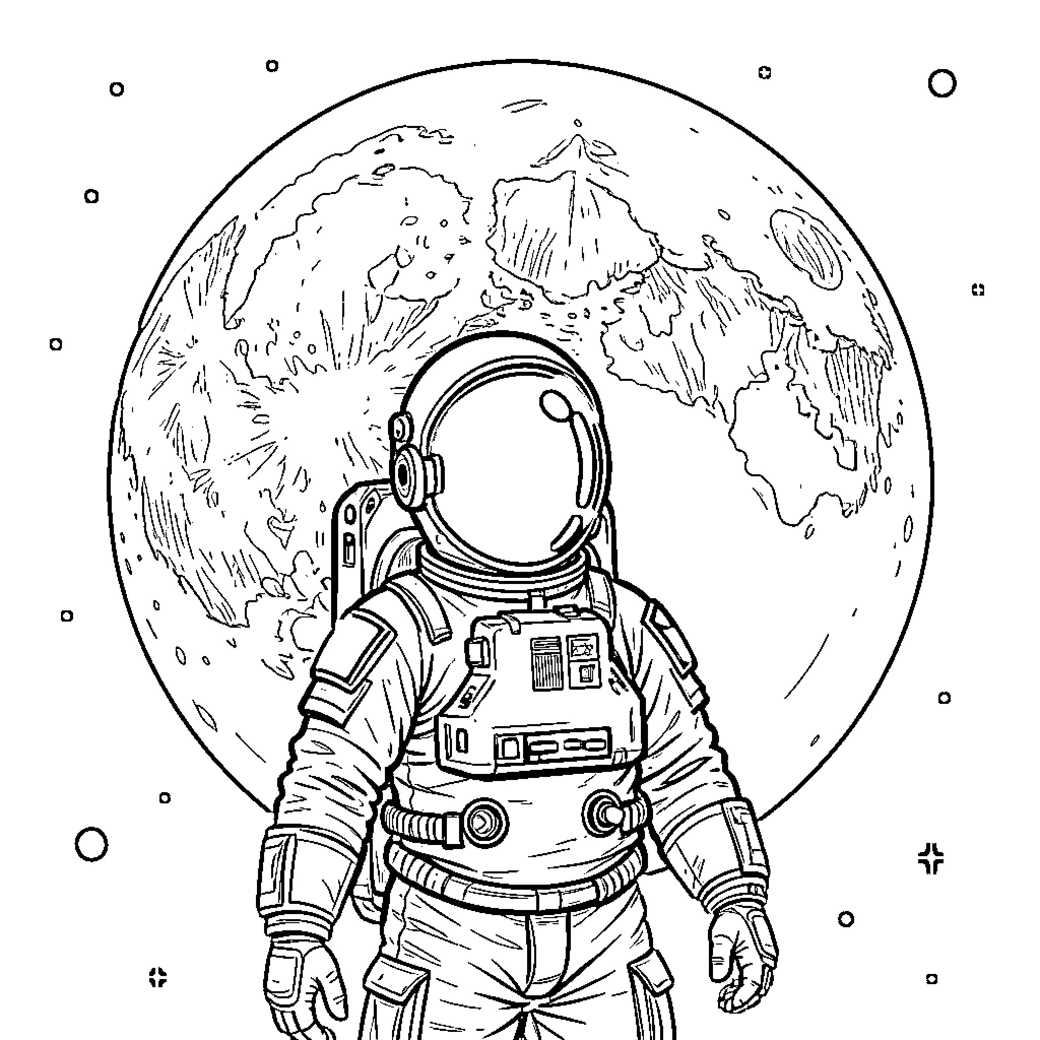 Astronaut exploring the vast expanse of space Coloring Page (free black-and-white line drawing printable PDF for all, from beginners to advanced learners, including children, teens, adults, and seniors)