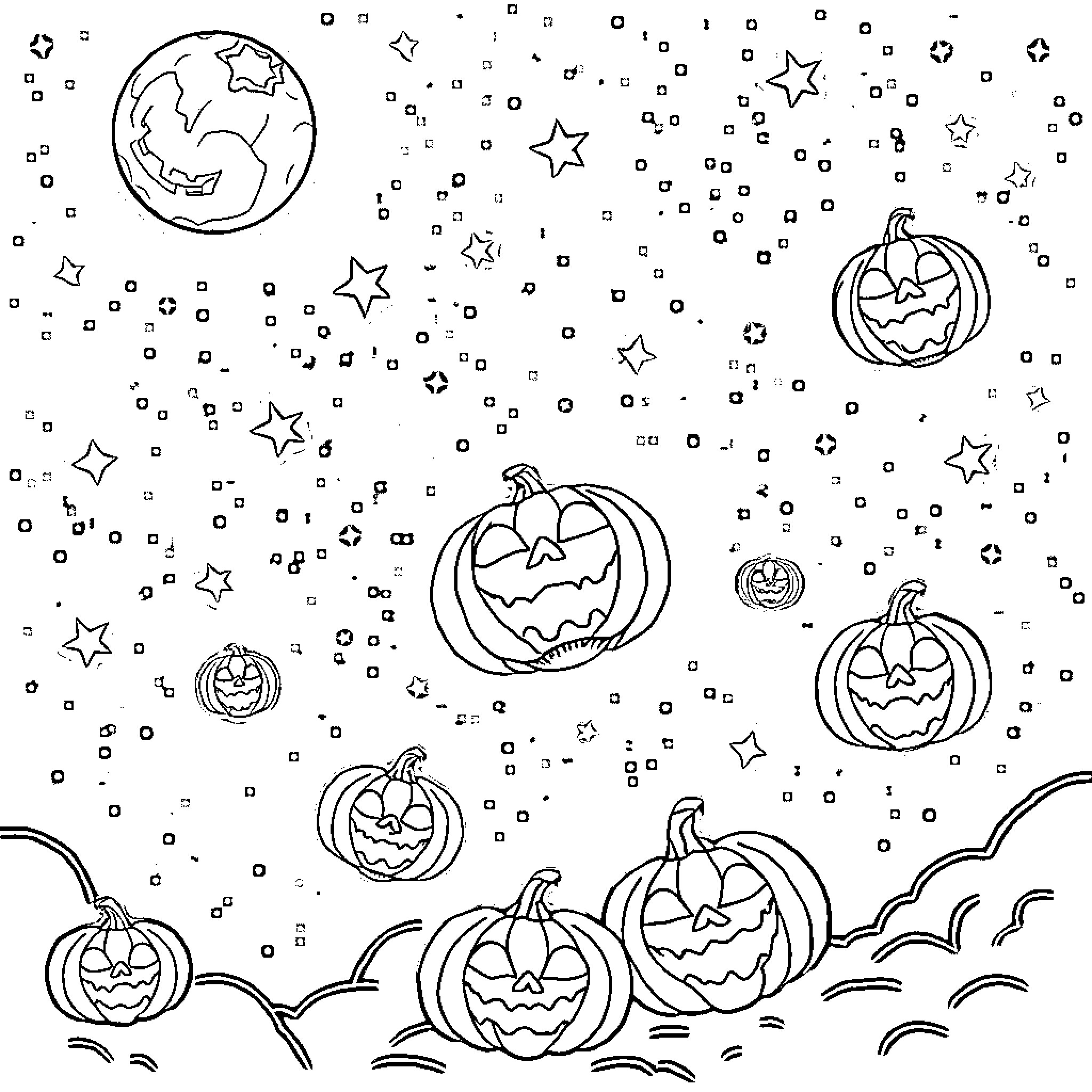 Halloween night with pumpkins and stars Coloring Page (free black-and-white line drawing printable PDF for all, from beginners to advanced learners, including children, teens, adults, and seniors)