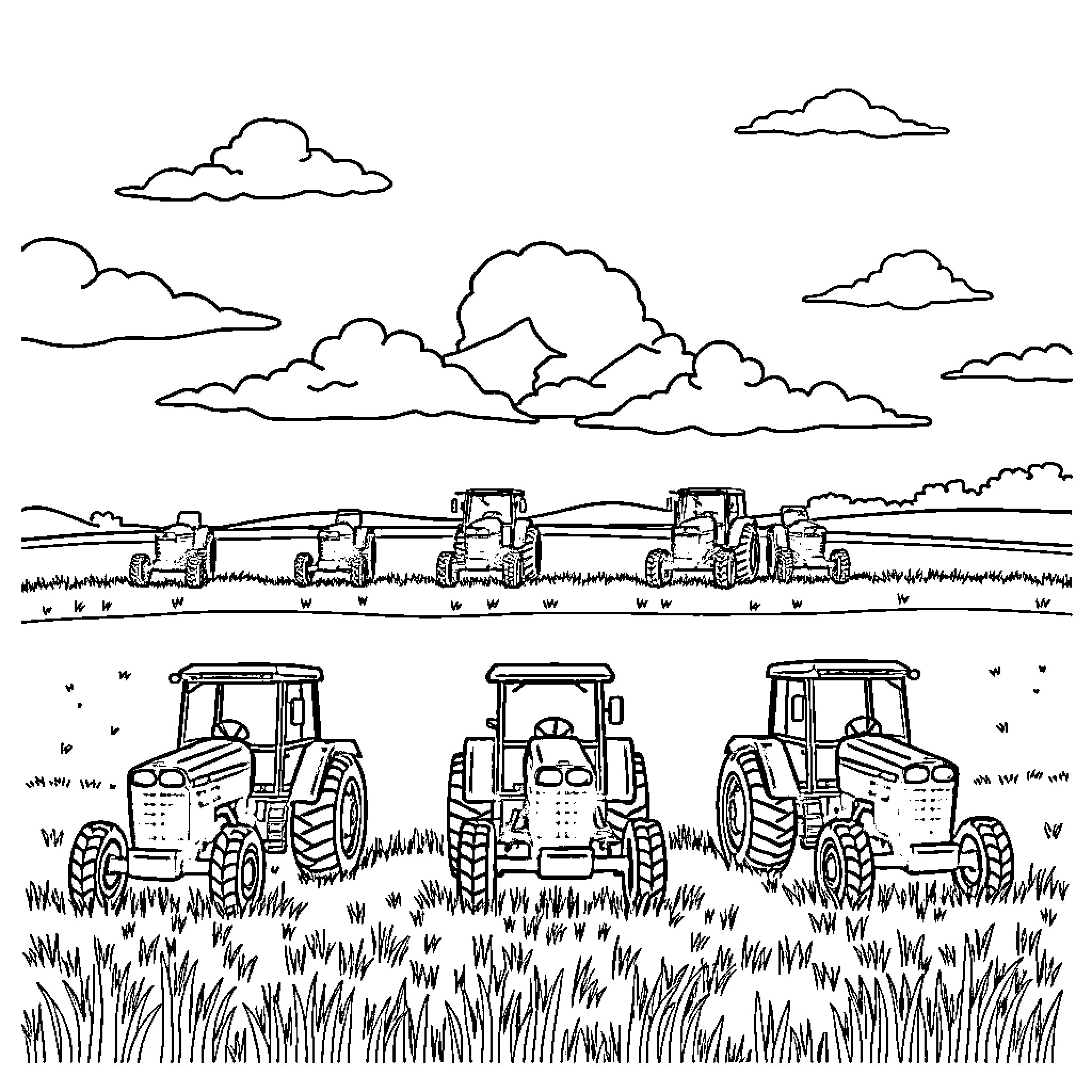 Tractors plowing through the countryside Coloring Page (free black-and-white line drawing printable PDF for all, from beginners to advanced learners, including children, teens, adults, and seniors)