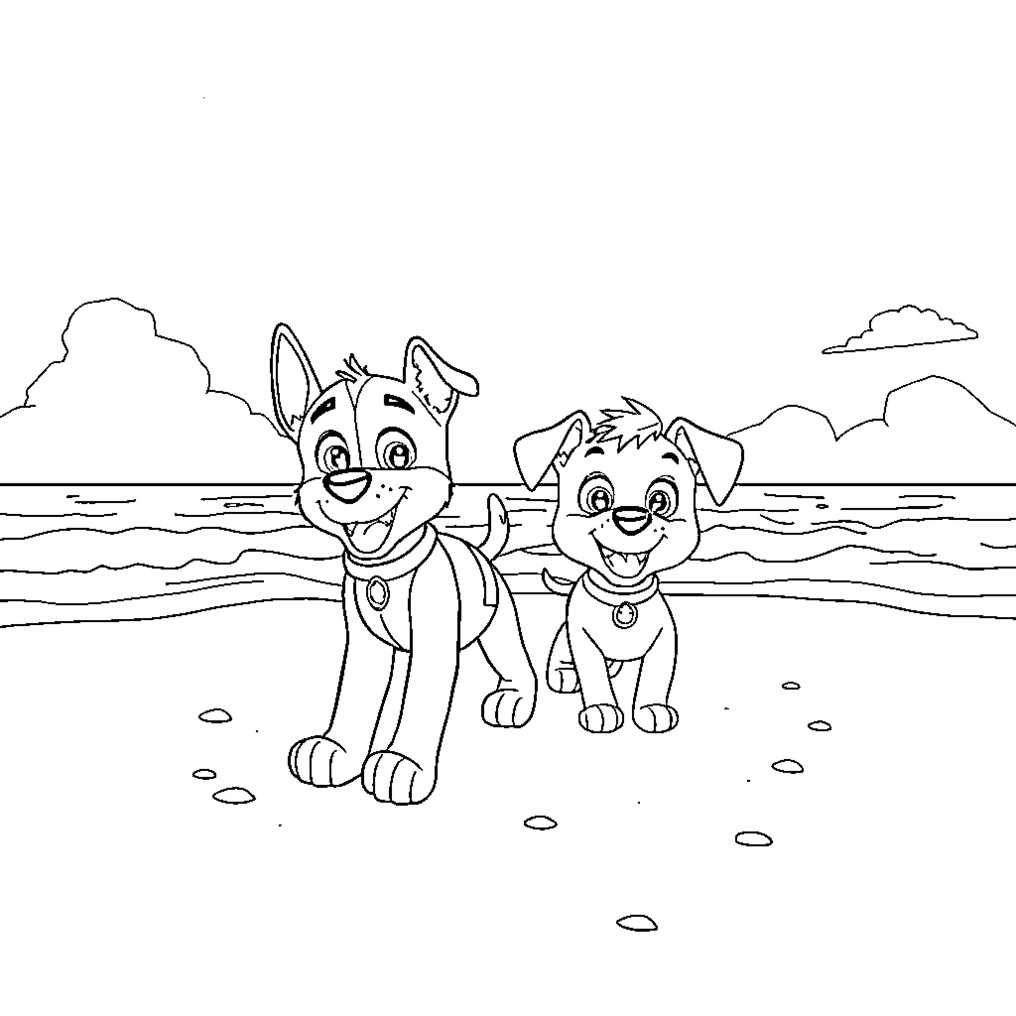 Ryder and Friends' Beach Adventure Coloring Page (free black-and-white line drawing printable PDF for all, from beginners to advanced learners, including children, teens, adults, and seniors)