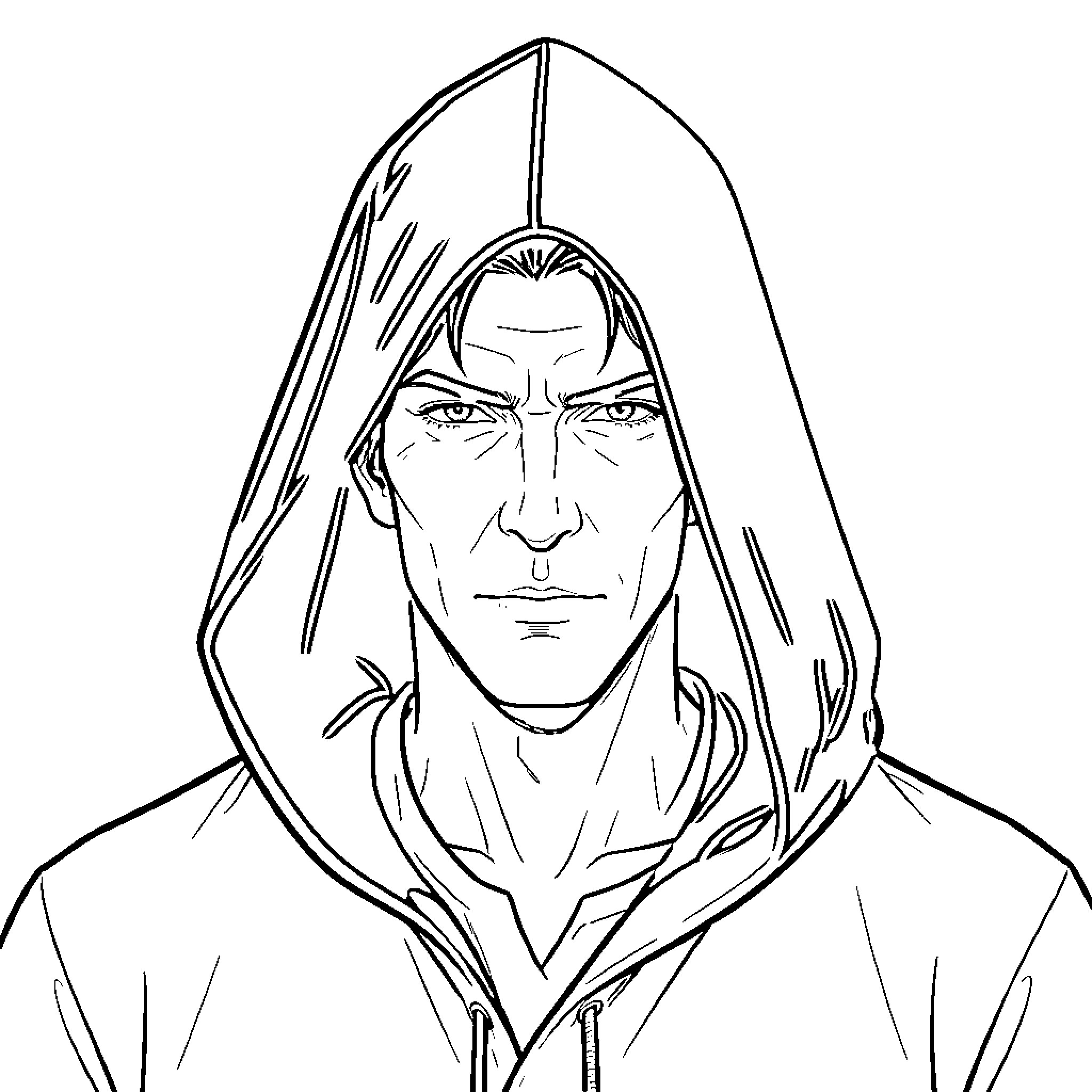 Man wearing hooded cloak with serious expression Coloring Page (free black-and-white line drawing printable PDF for all, from beginners to advanced learners, including children, teens, adults, and seniors)